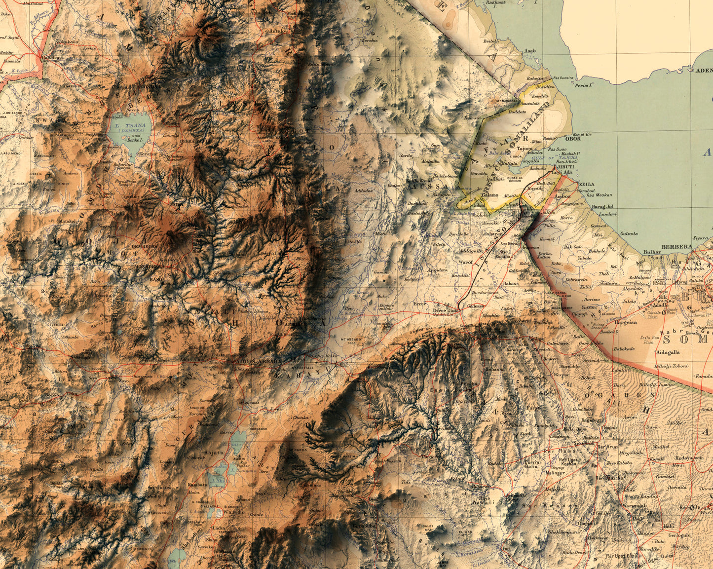 Detailed close-up of a vintage Ethiopia relief map, showcasing textured topography and geographic contours