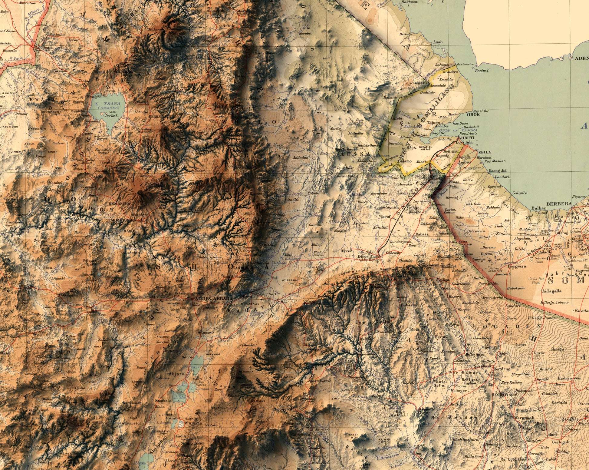 Detailed close-up of a vintage Ethiopia relief map, showcasing textured topography and geographic contours