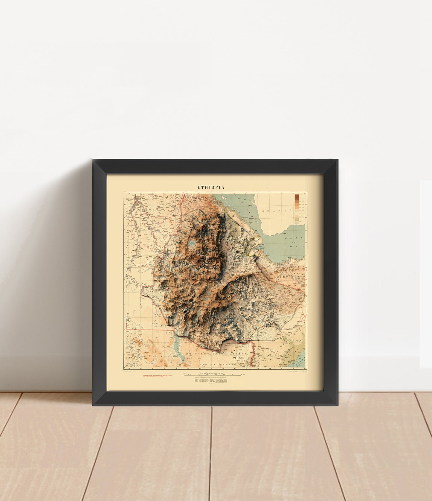 Vintage Ethiopia shaded relief map in black frame. Artistic print with realistic terrain effect for wall decor