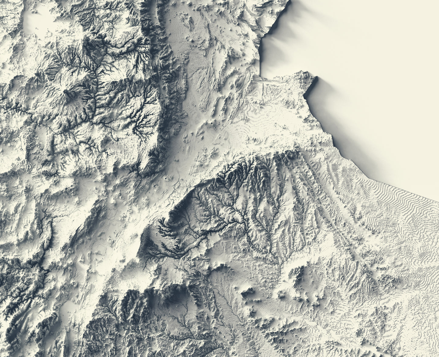 Detailed close-up of a Ethiopia relief map, showcasing textured topography and geographic contours