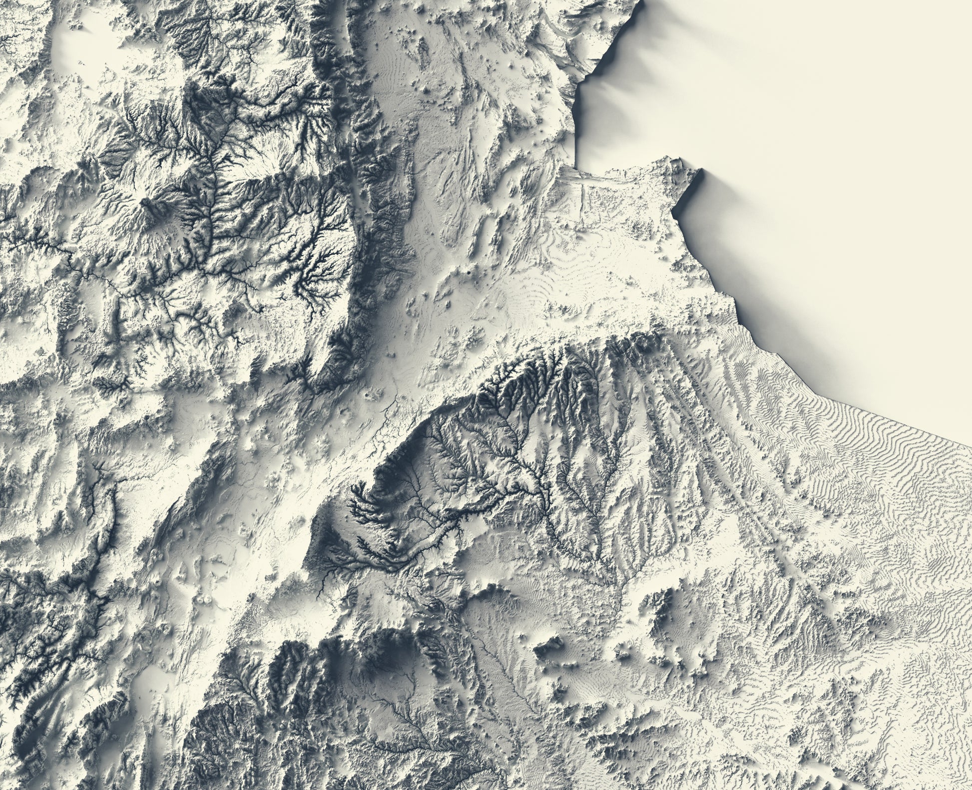 Detailed close-up of a Ethiopia relief map, showcasing textured topography and geographic contours