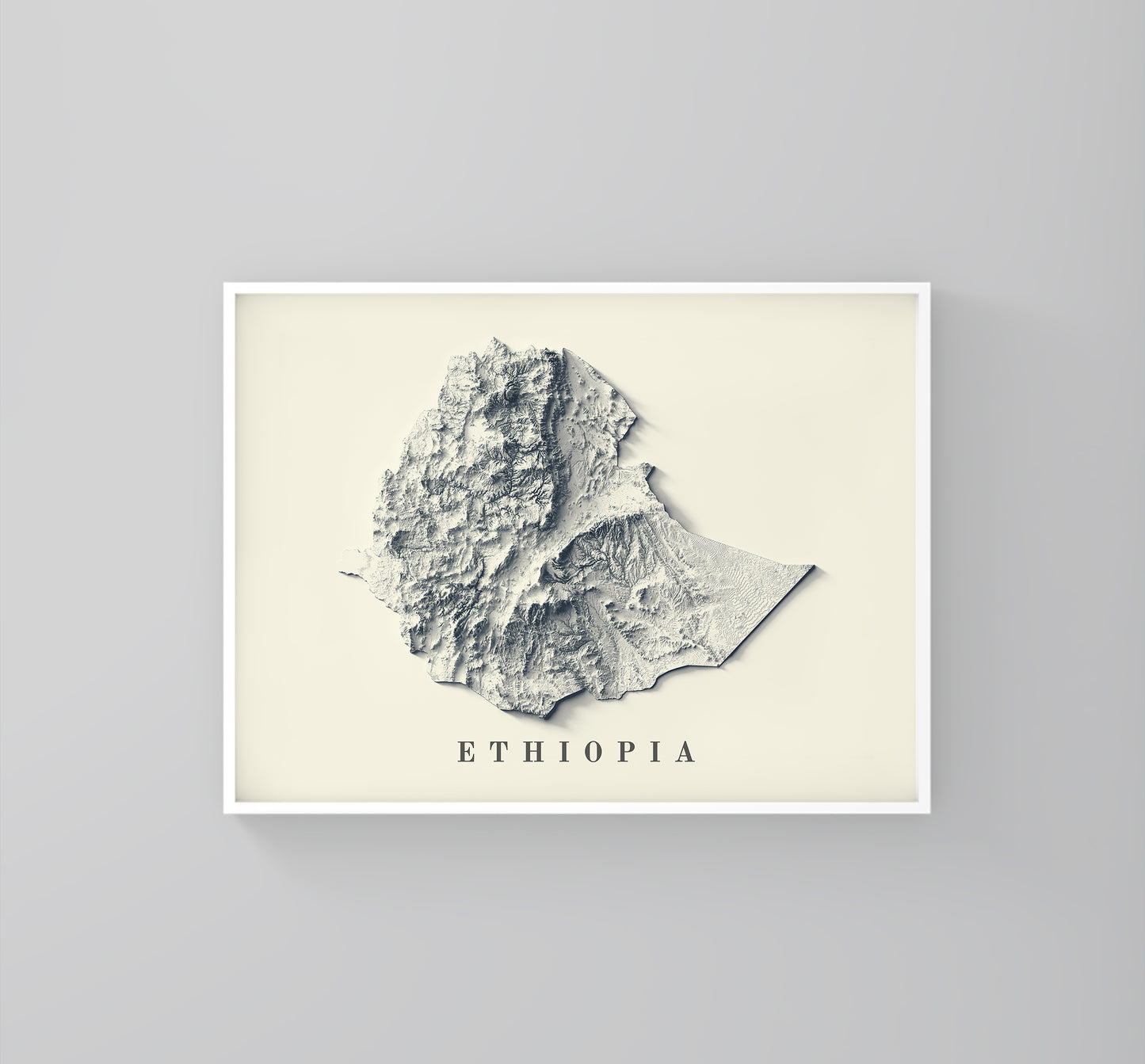 Ethiopia framed shaded relief map in white frame. Artistic print highlighting mountains with a realistic 3d effect