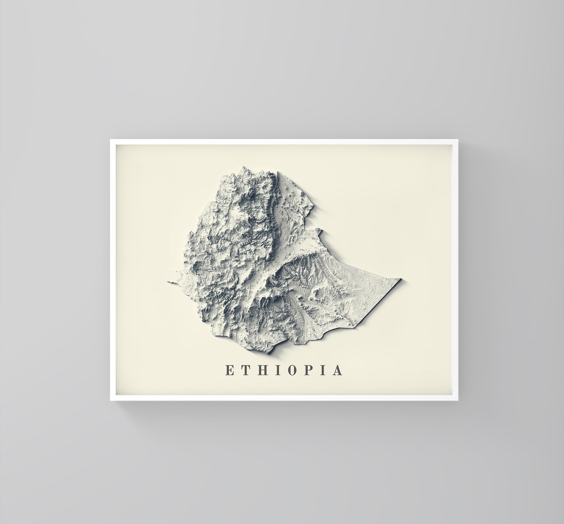 Ethiopia framed shaded relief map in white frame. Artistic print highlighting mountains with a realistic 3d effect