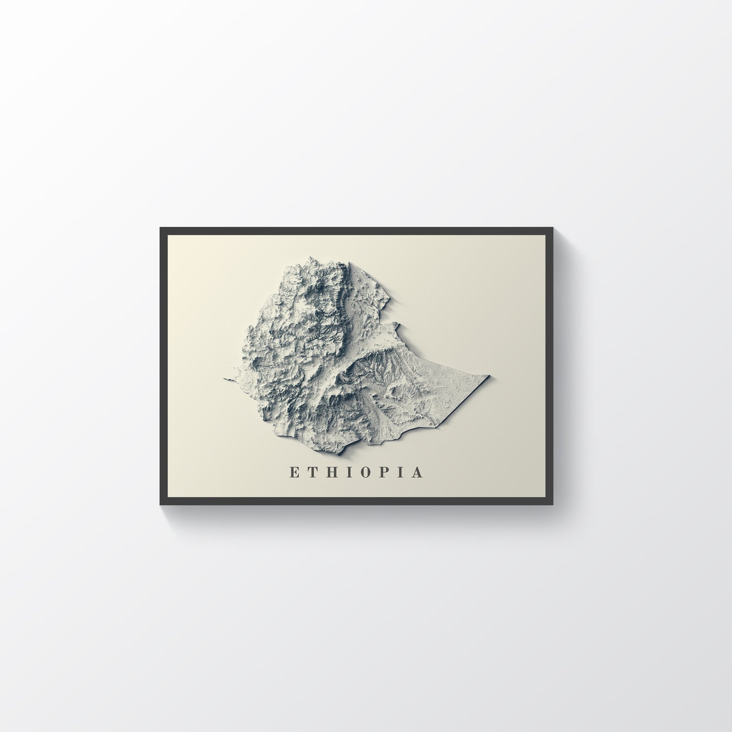Ethiopia framed shaded relief map in black frame. Artistic print highlighting mountains with a realistic terrain effect