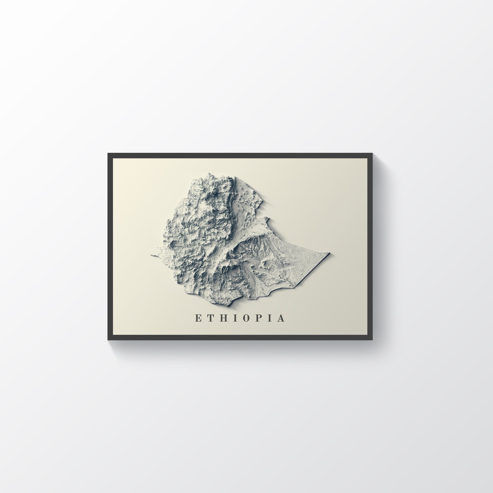 Ethiopia framed shaded relief map in black frame. Artistic print highlighting mountains with a realistic terrain effect