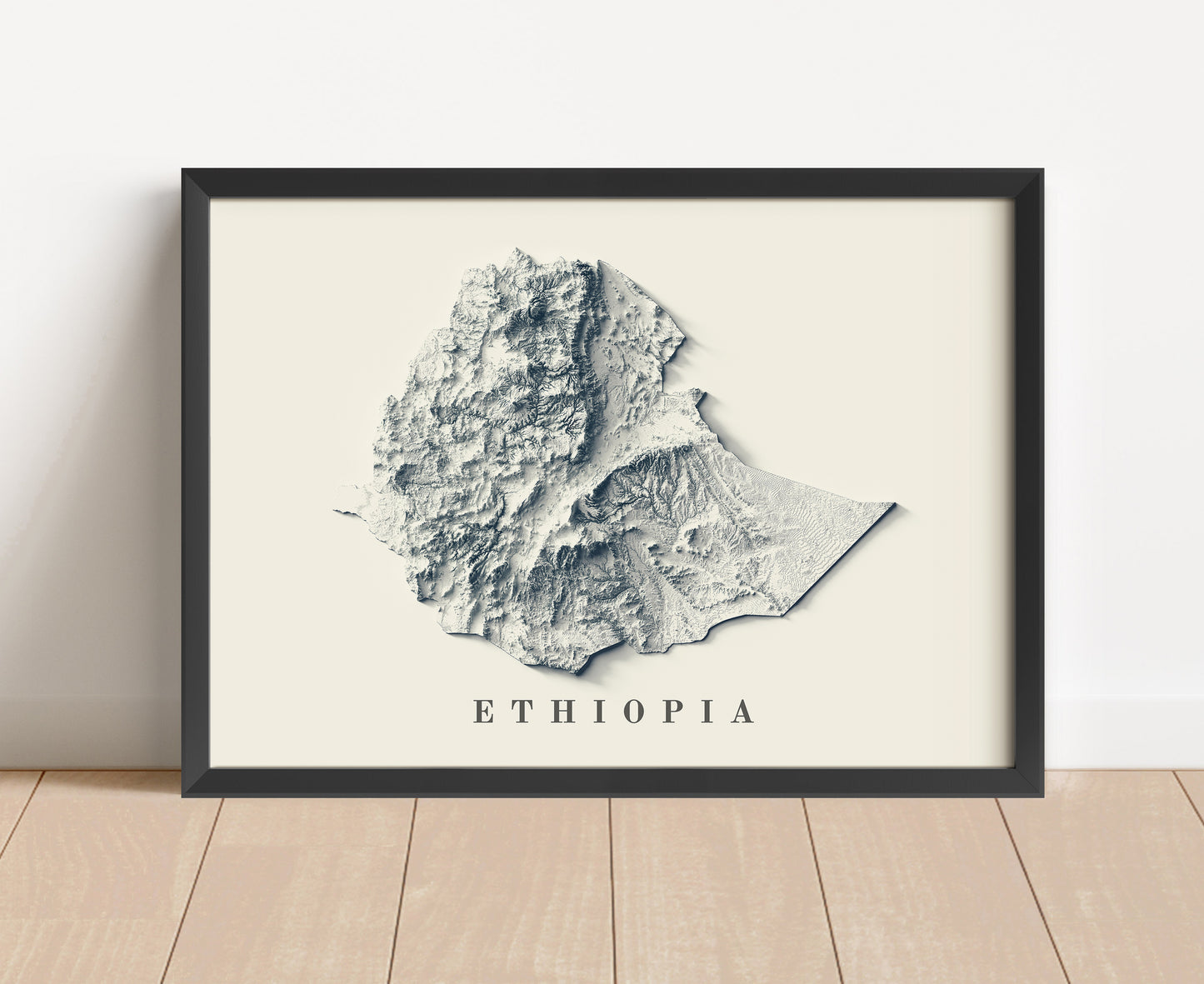 Ethiopia shaded relief map in black frame. Artistic print with realistic terrain effect for wall decor