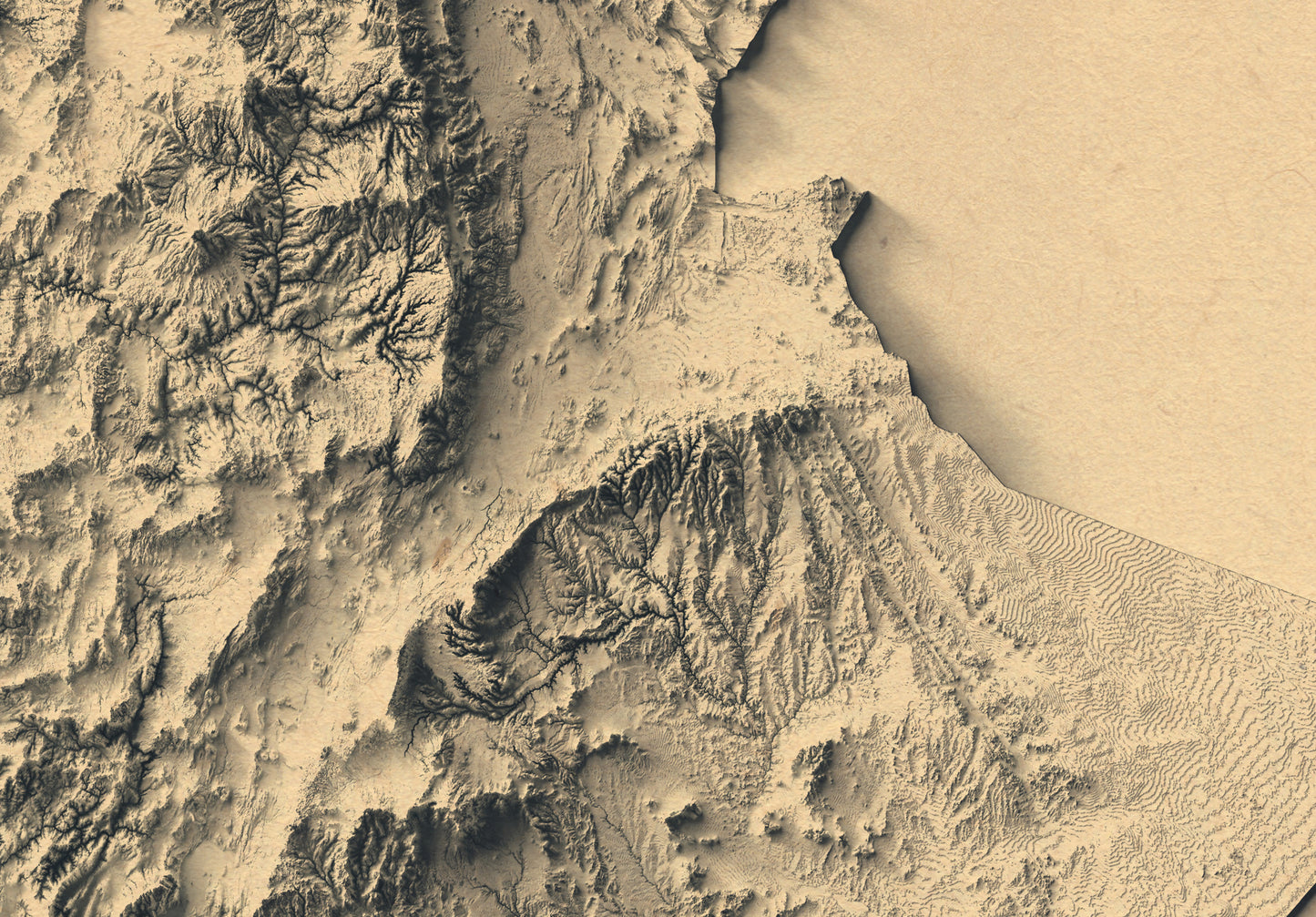 Detailed close-up of a vintage Ethiopia relief map, showcasing textured topography and geographic contours