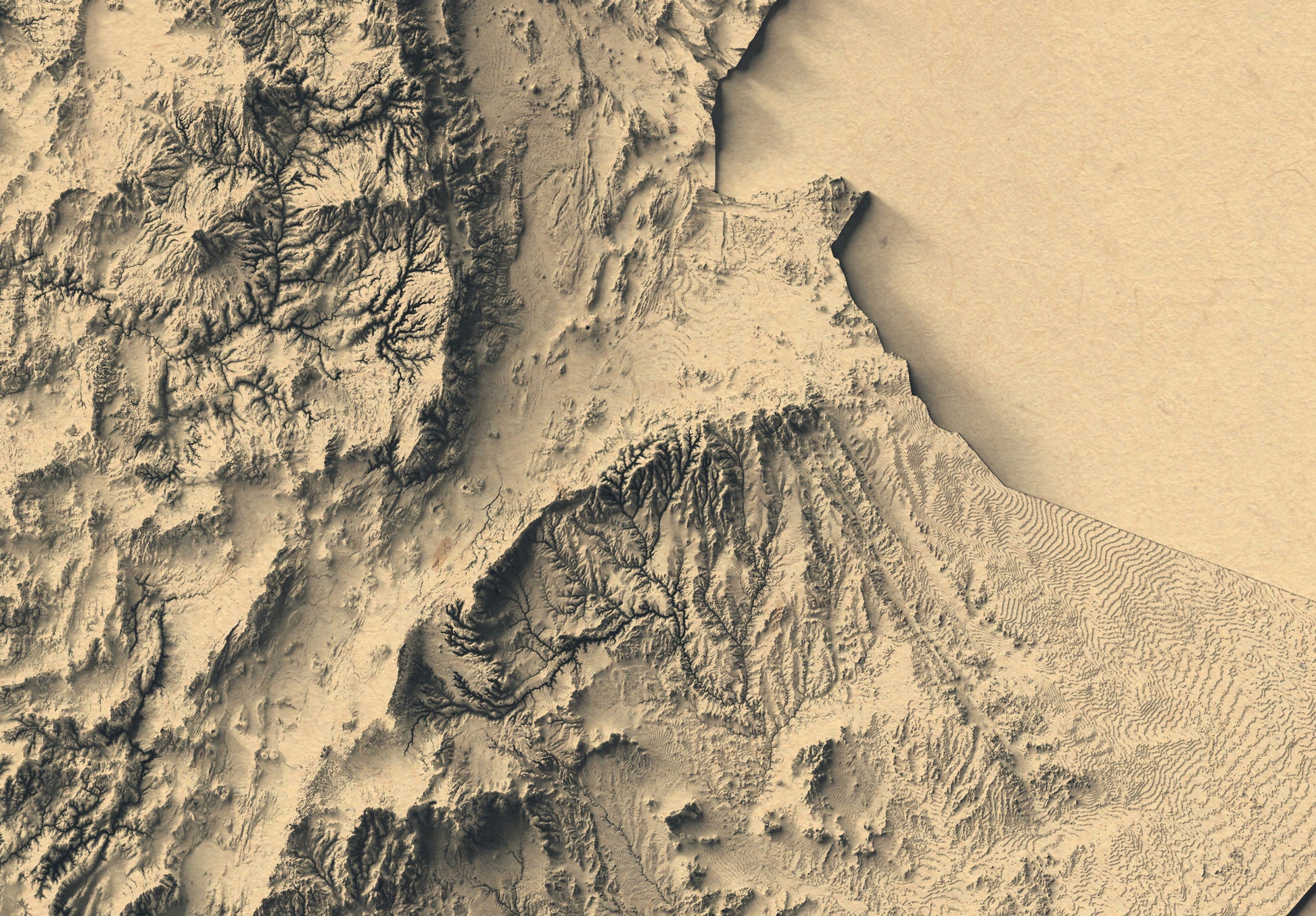 Detailed close-up of a vintage Ethiopia relief map, showcasing textured topography and geographic contours
