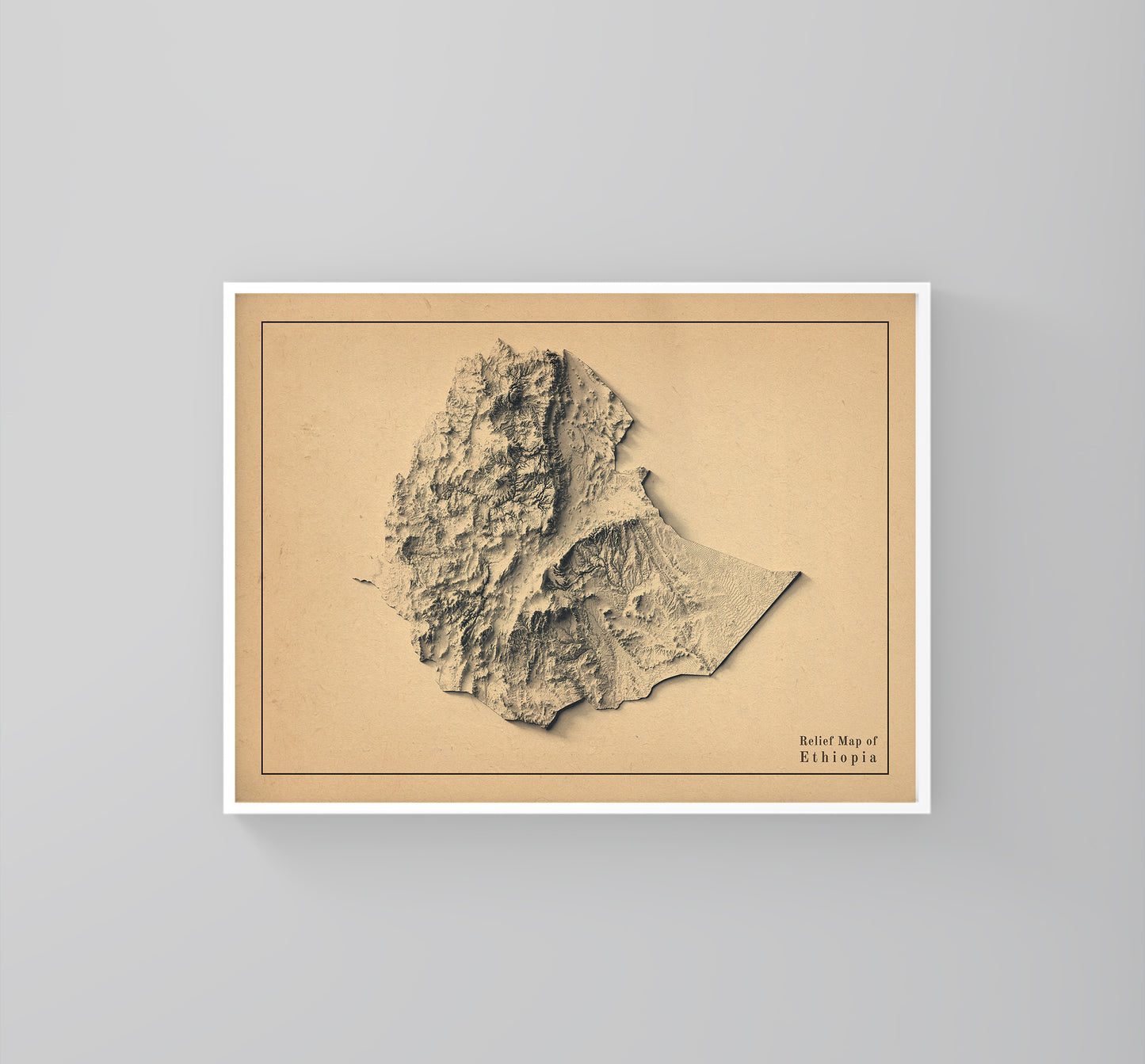 Ethiopia vintage framed shaded relief map in white frame. Artistic print highlighting mountains with a realistic 3d effect