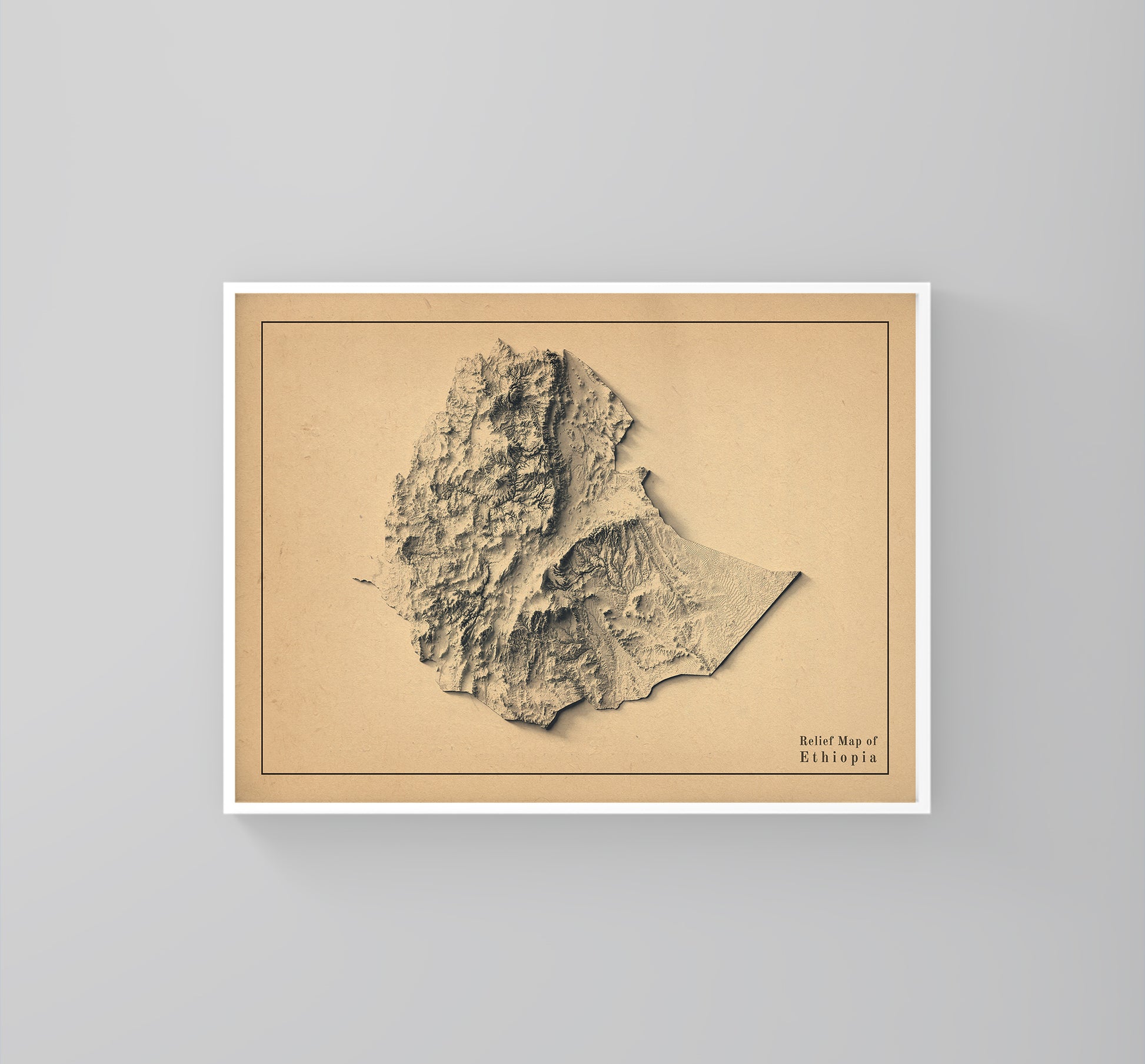 Ethiopia vintage framed shaded relief map in white frame. Artistic print highlighting mountains with a realistic 3d effect