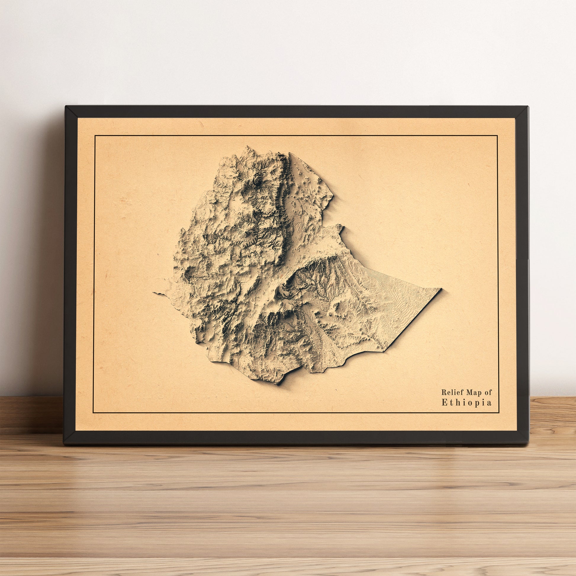Ethiopia vintage framed shaded relief map in black frame. Artistic print highlighting mountains with a realistic terrain effect