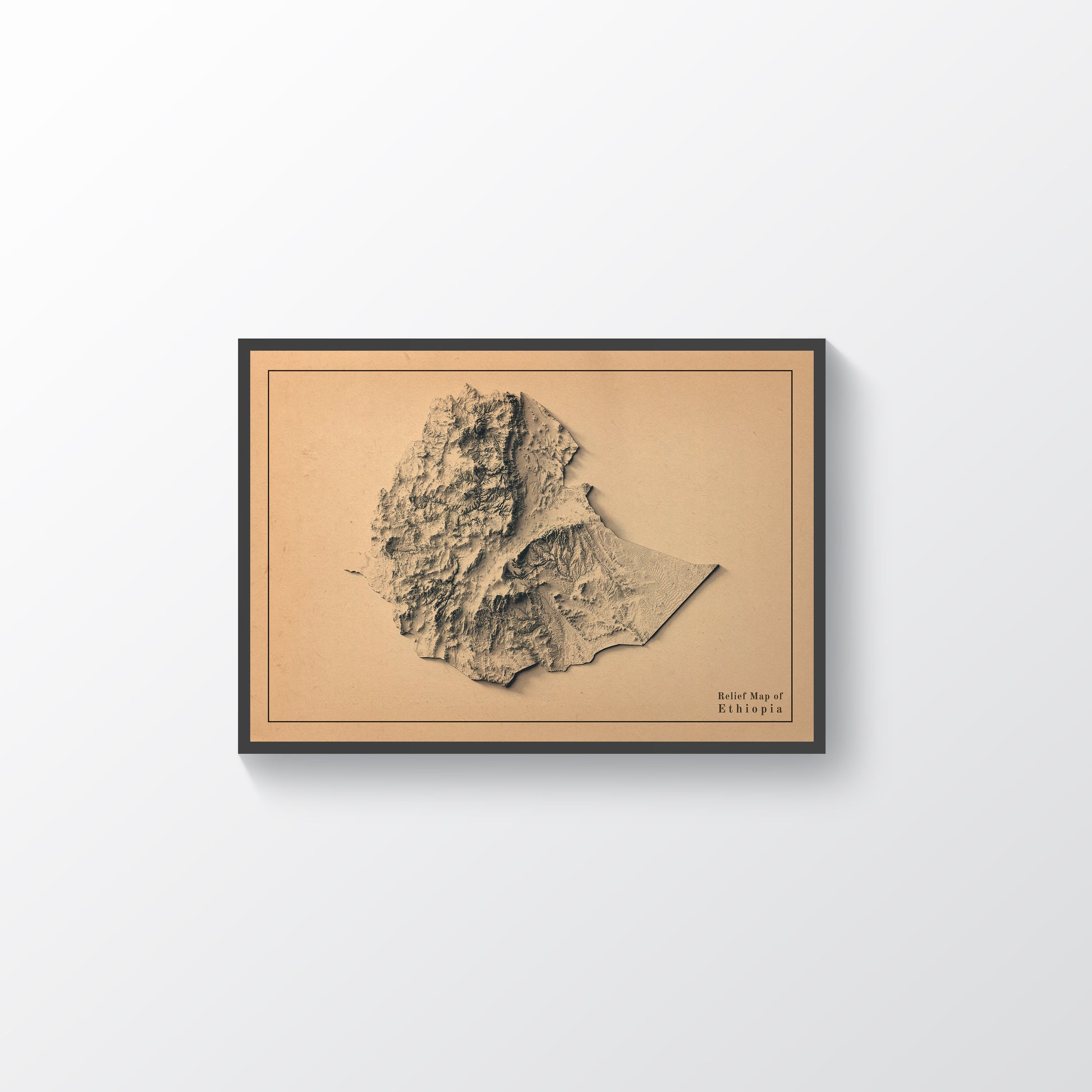 Ethiopia vintage framed shaded relief map in black frame. Artistic print highlighting mountains with a realistic terrain effect