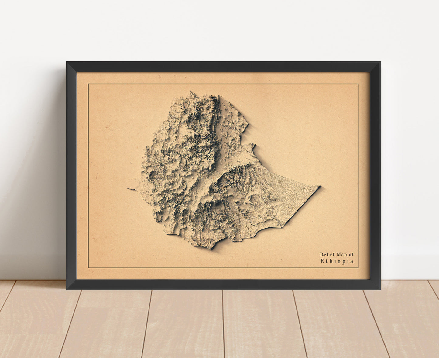 Vintage Ethiopia shaded relief map in black frame. Artistic print with realistic terrain effect for wall decor