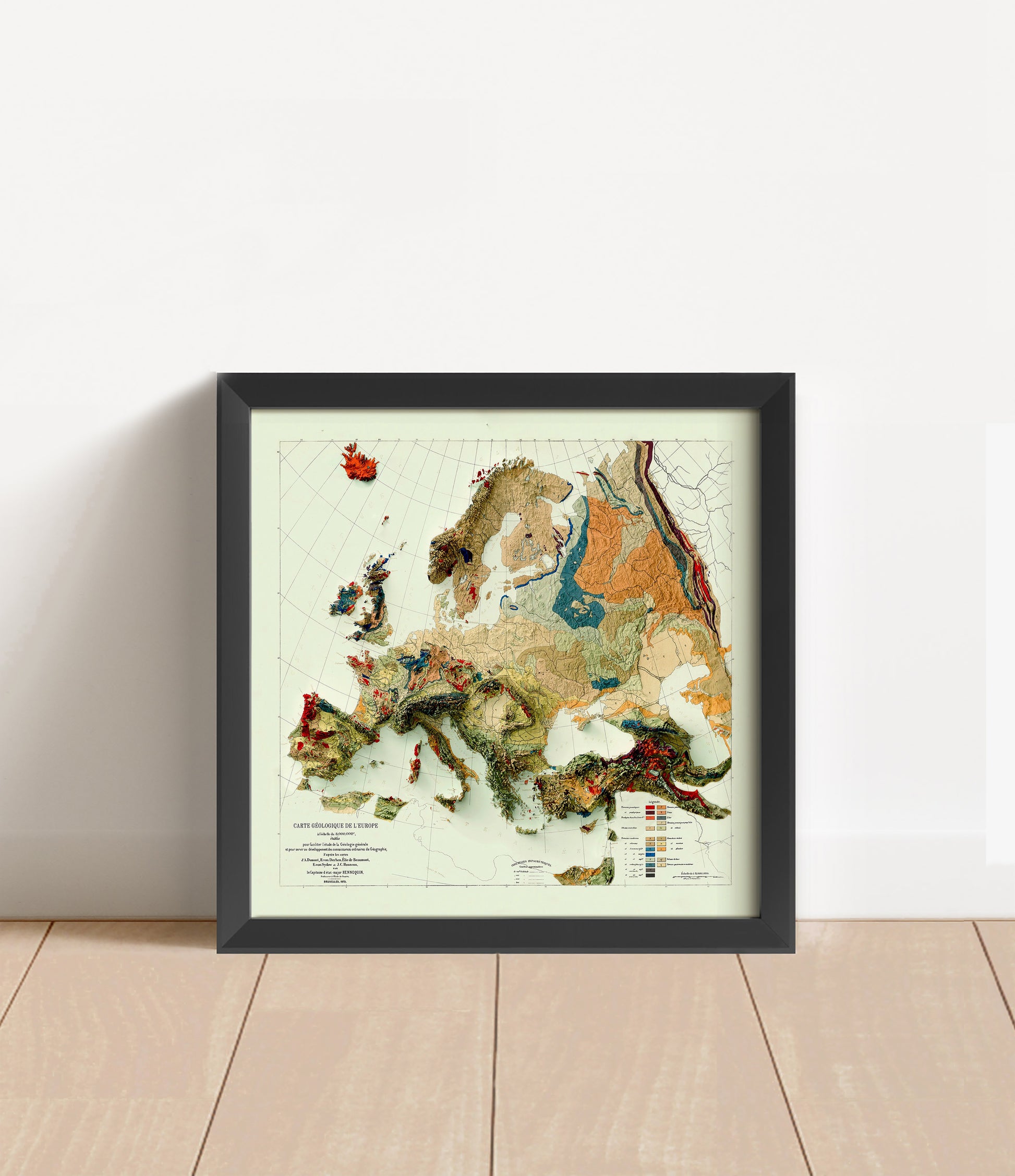 Vintage Europe shaded relief map in black frame. Artistic print with realistic terrain effect for wall decor