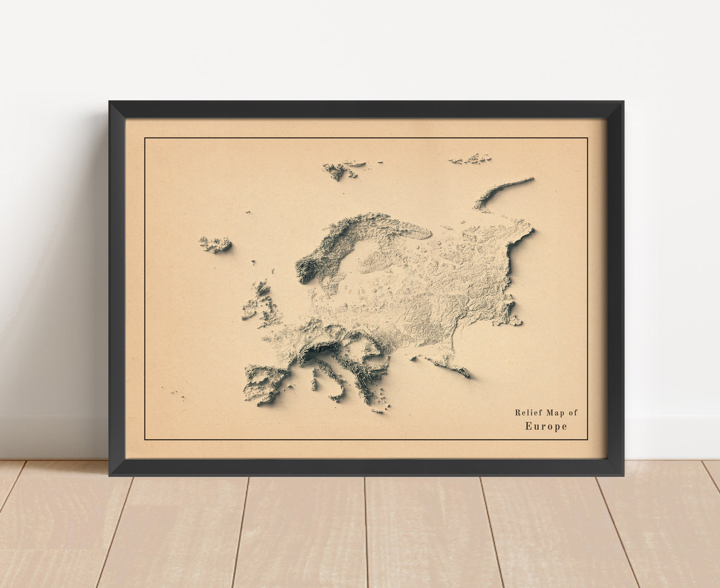 Vintage Europe shaded relief map in black frame. Artistic print with realistic terrain effect for wall decor