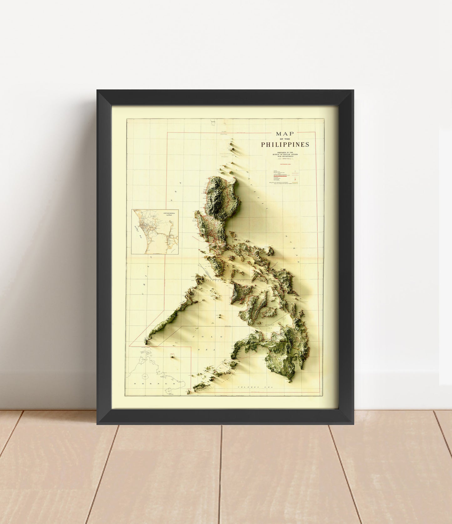 Vintage Philippines shaded relief map in black frame. Artistic print with realistic terrain effect for wall decor
