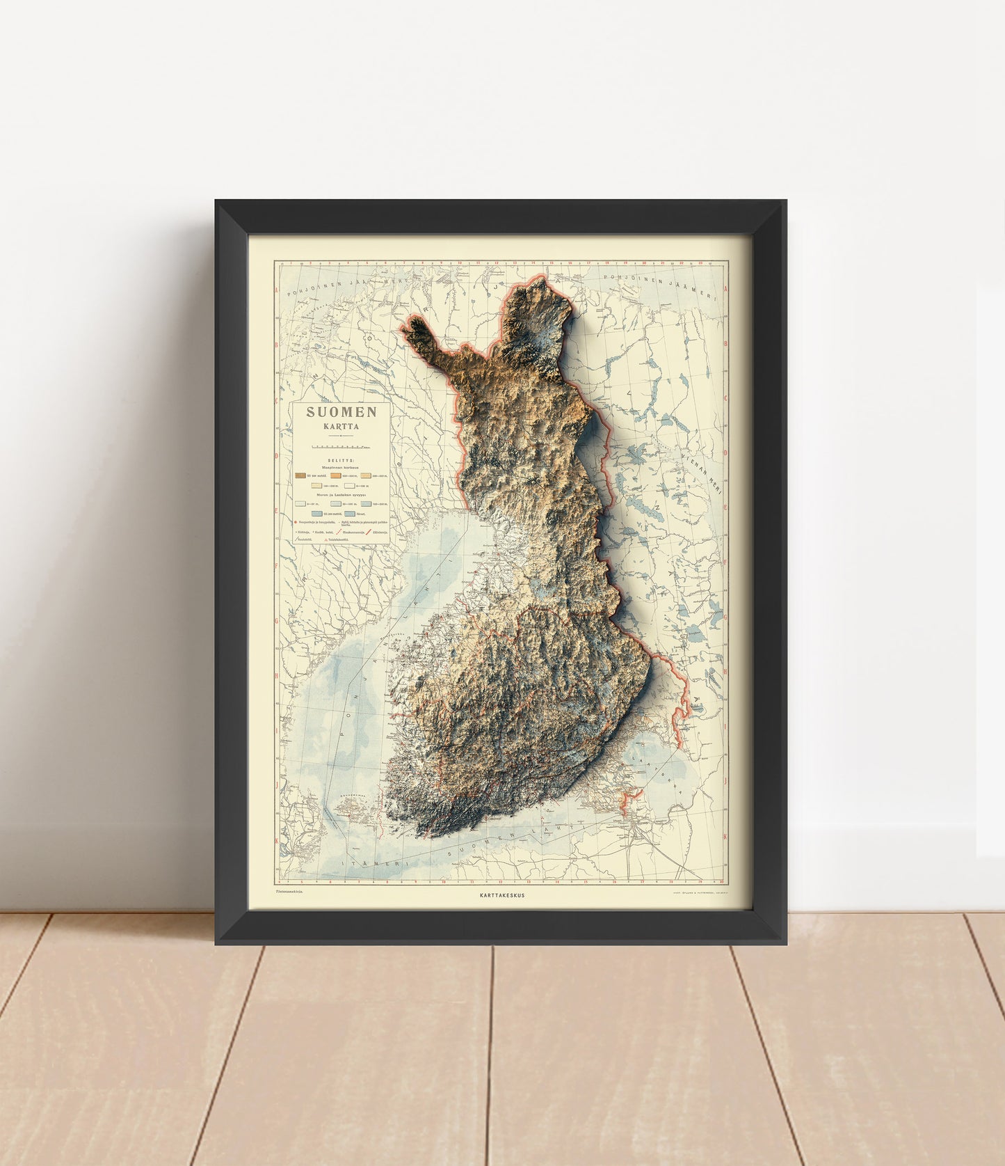 Vintage Finland shaded relief map in black frame. Artistic print with realistic terrain effect for wall decor