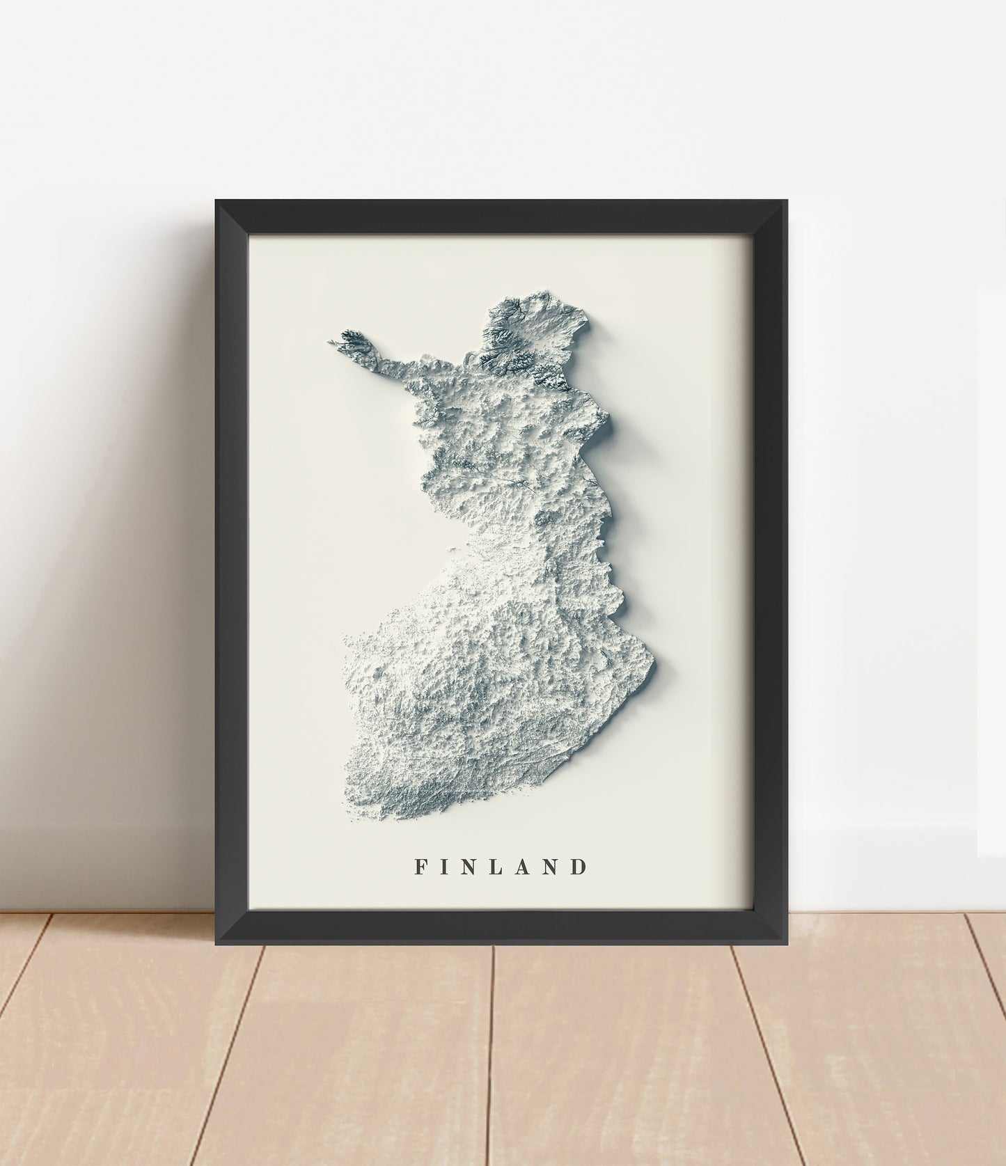 Finland shaded relief map in black frame. Artistic print with realistic terrain effect for wall decor