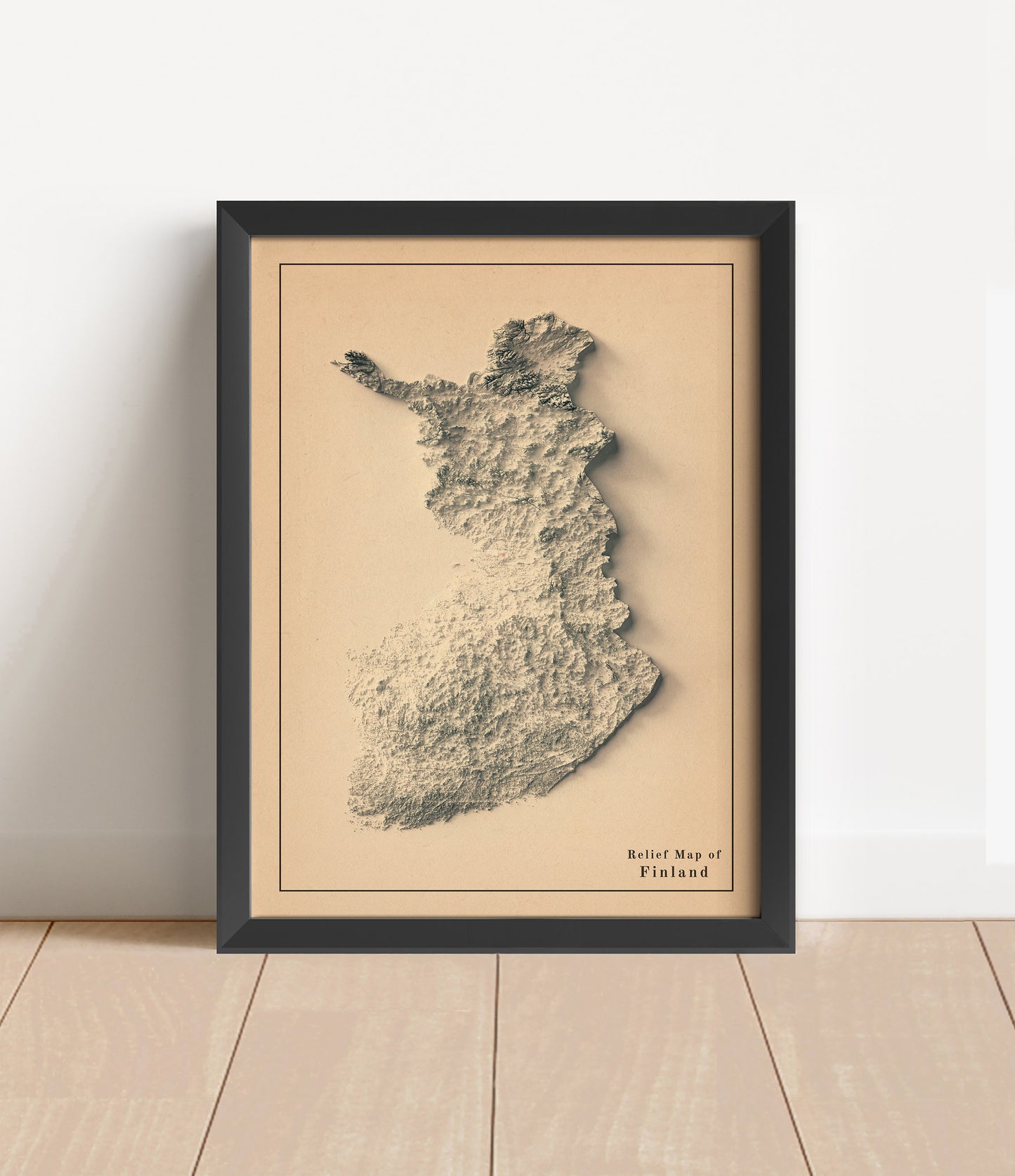 Vintage Finland shaded relief map in black frame. Artistic print with realistic terrain effect for wall decor