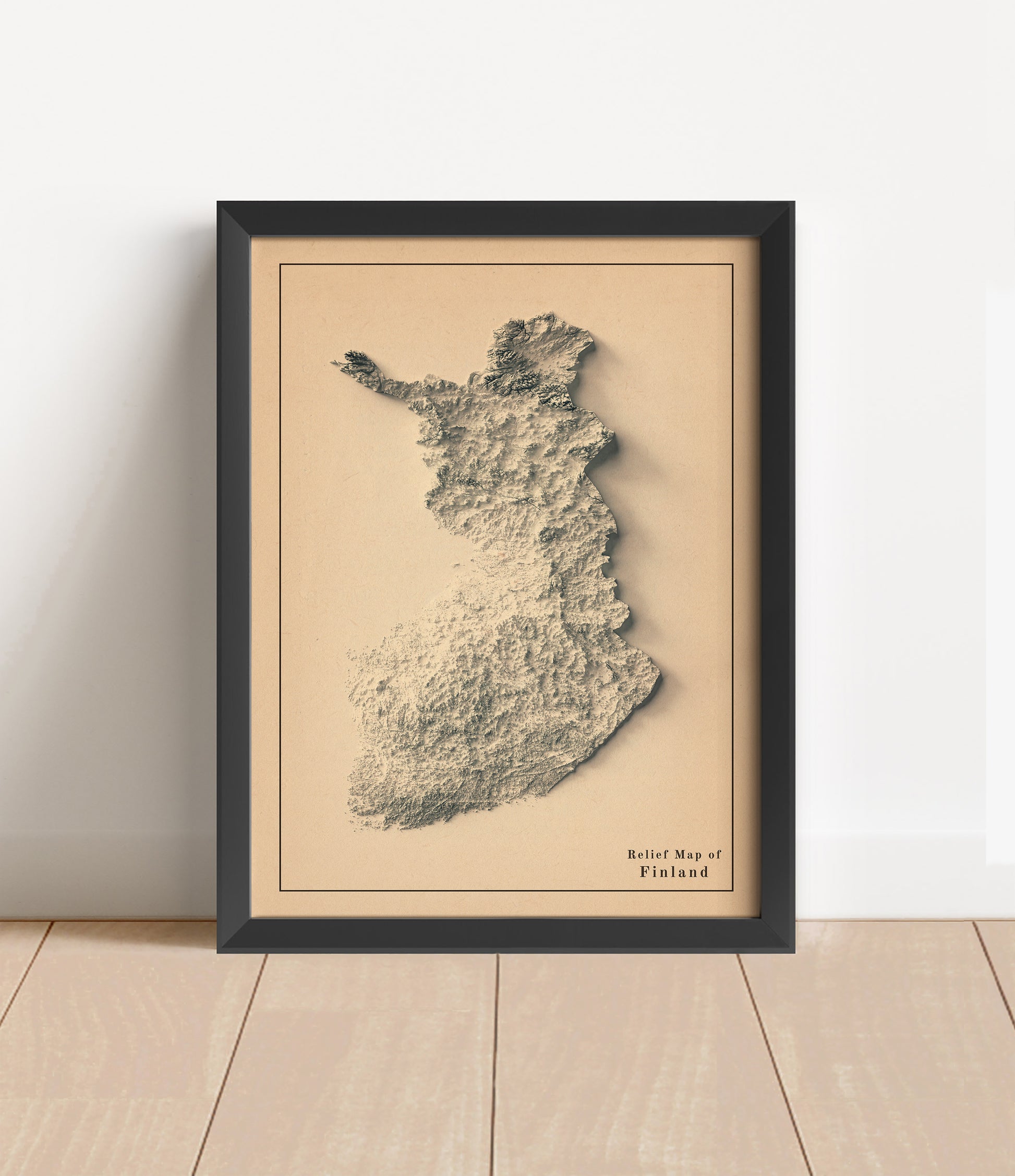 Vintage Finland shaded relief map in black frame. Artistic print with realistic terrain effect for wall decor