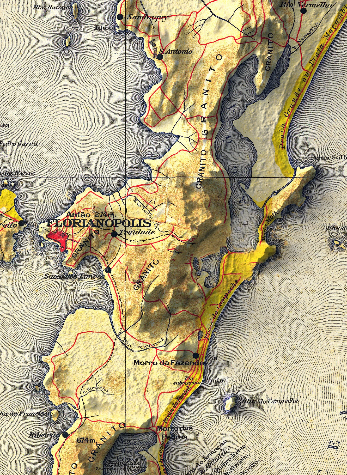 vintage shaded relief map of Florianopolis, Santa Catarina, Brazil