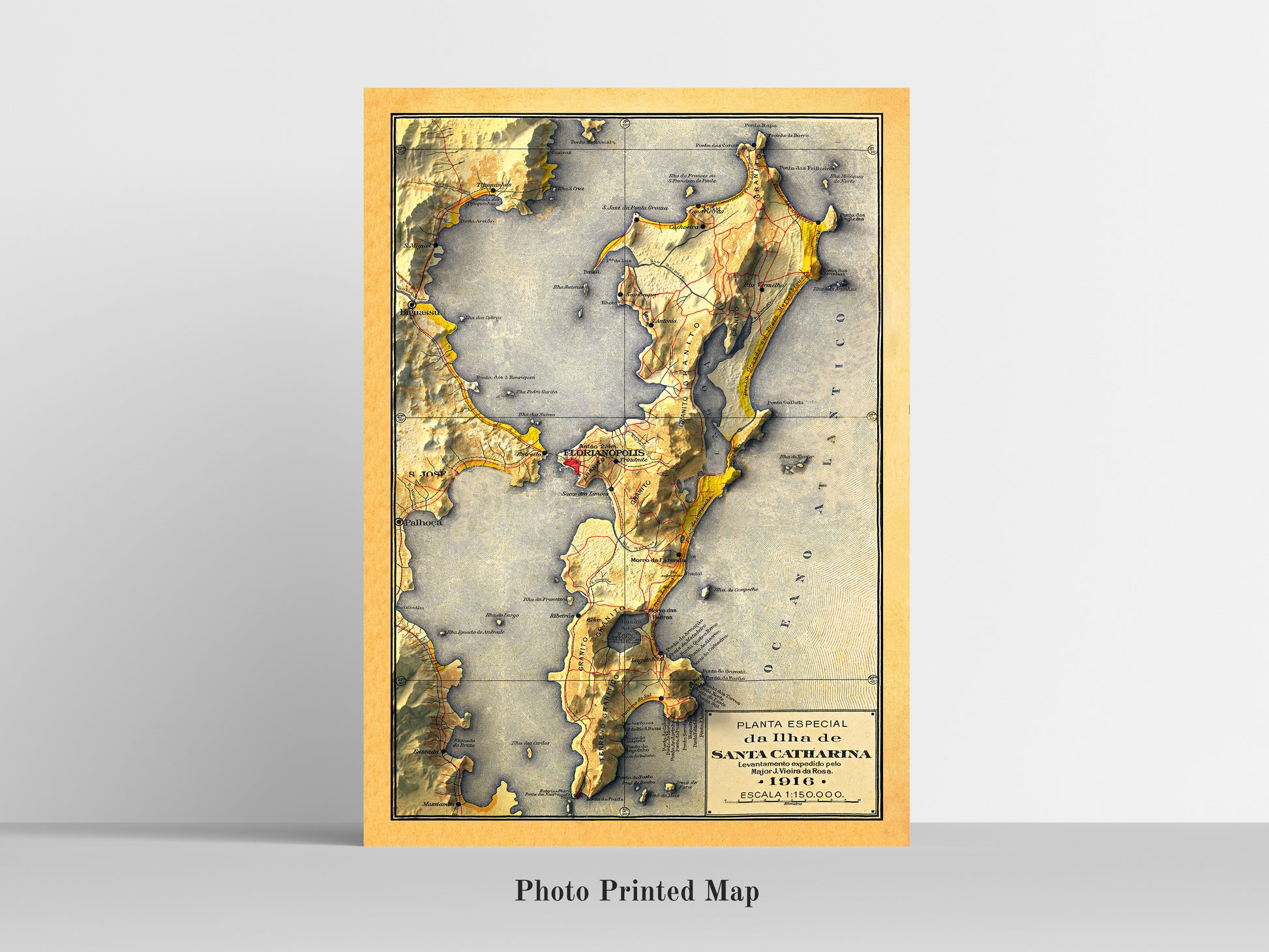 vintage shaded relief map of Florianopolis, Santa Catarina, Brazil