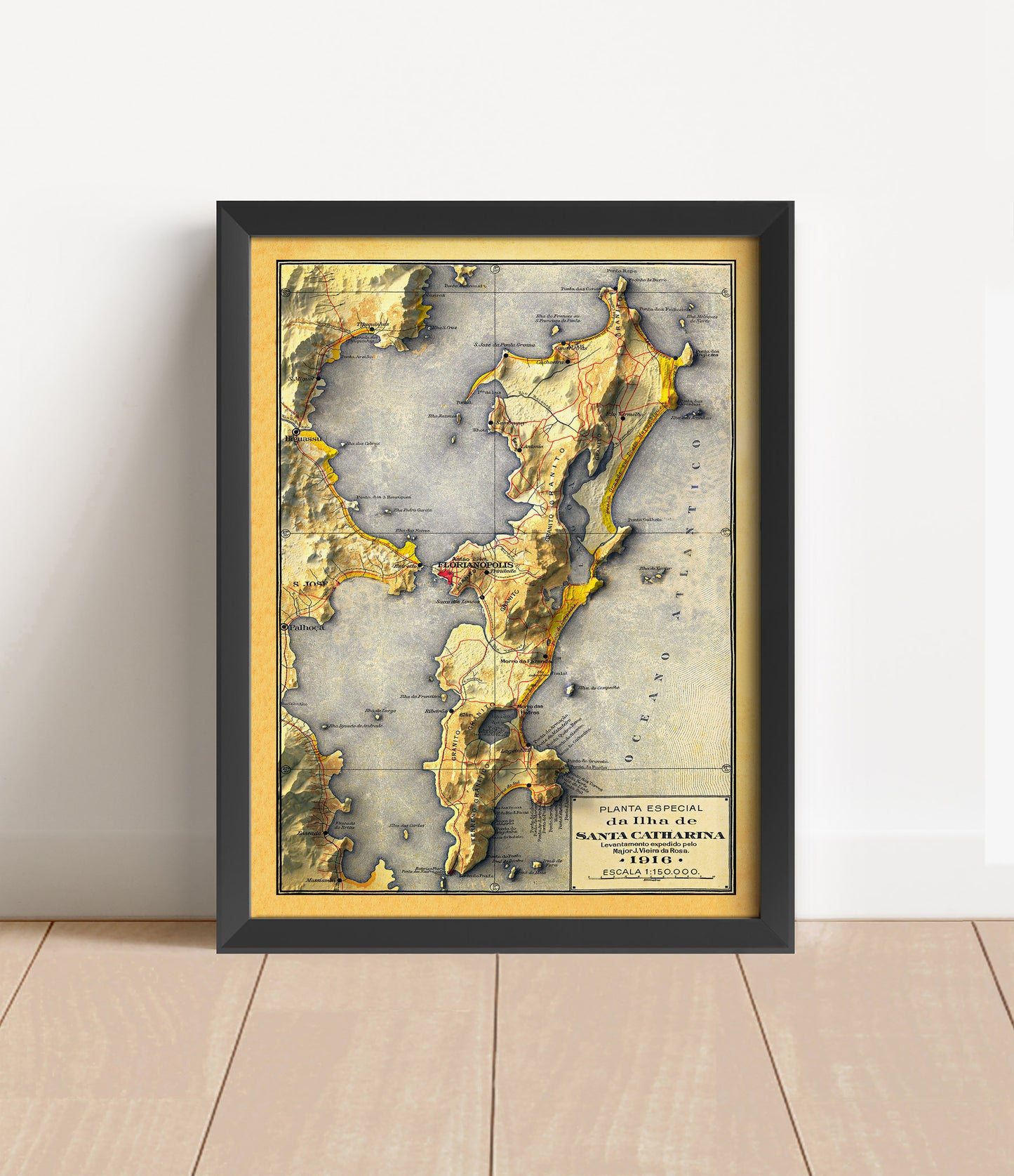 Vintage Florianopolis, Brazil, shaded relief map in black frame. Artistic print with realistic terrain effect for wall decor