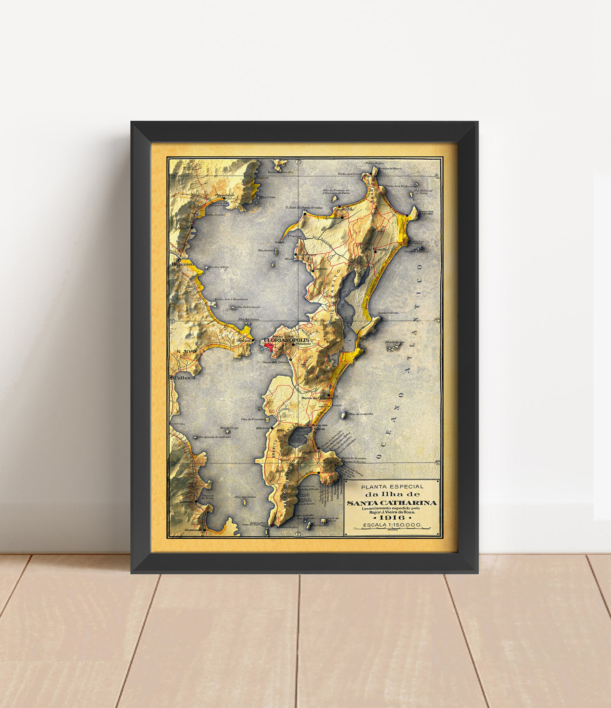 Vintage Florianopolis, Brazil, shaded relief map in black frame. Artistic print with realistic terrain effect for wall decor