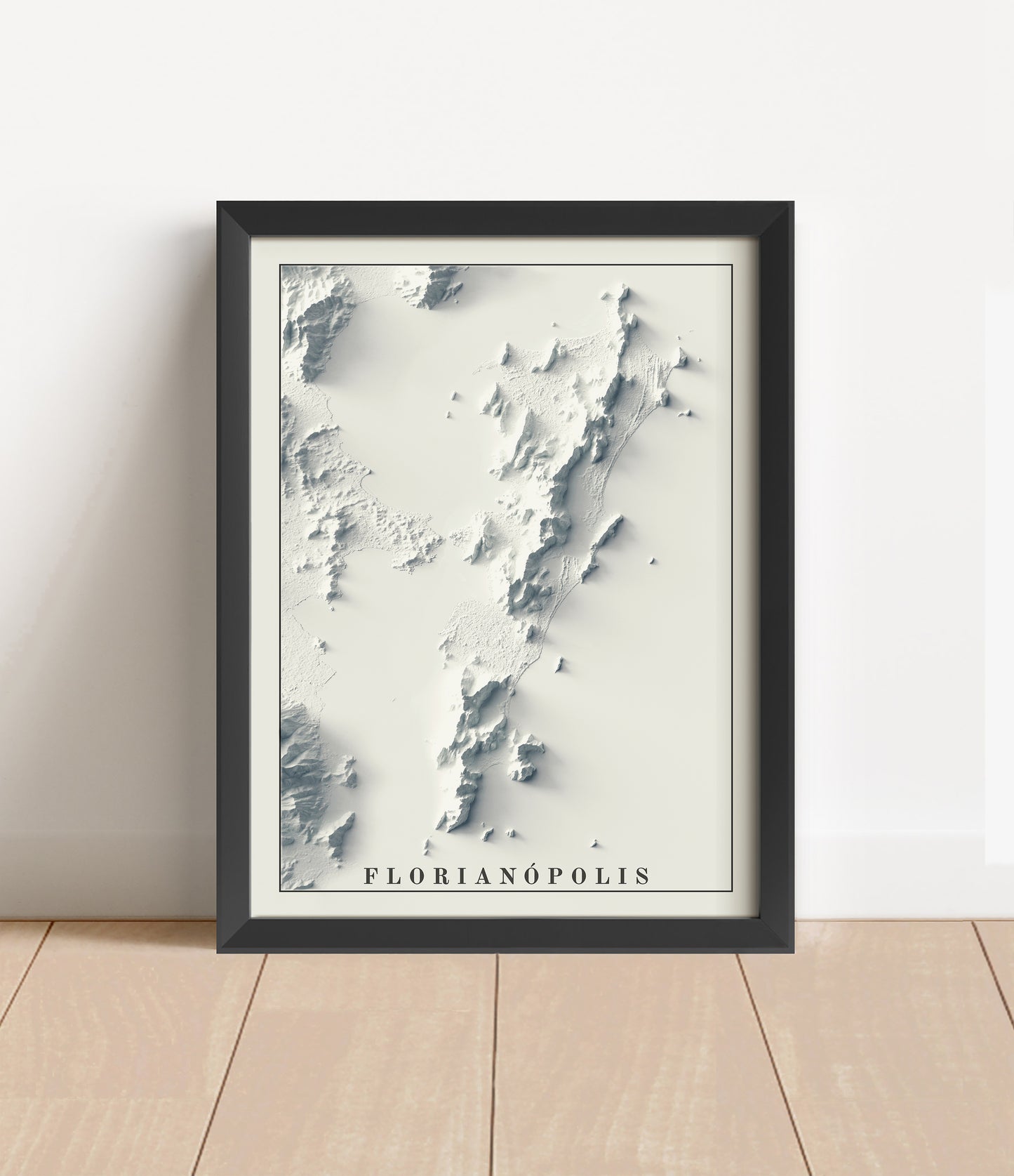 Florianopolis, Brazil, shaded relief map in black frame. Artistic print with realistic terrain effect for wall decor