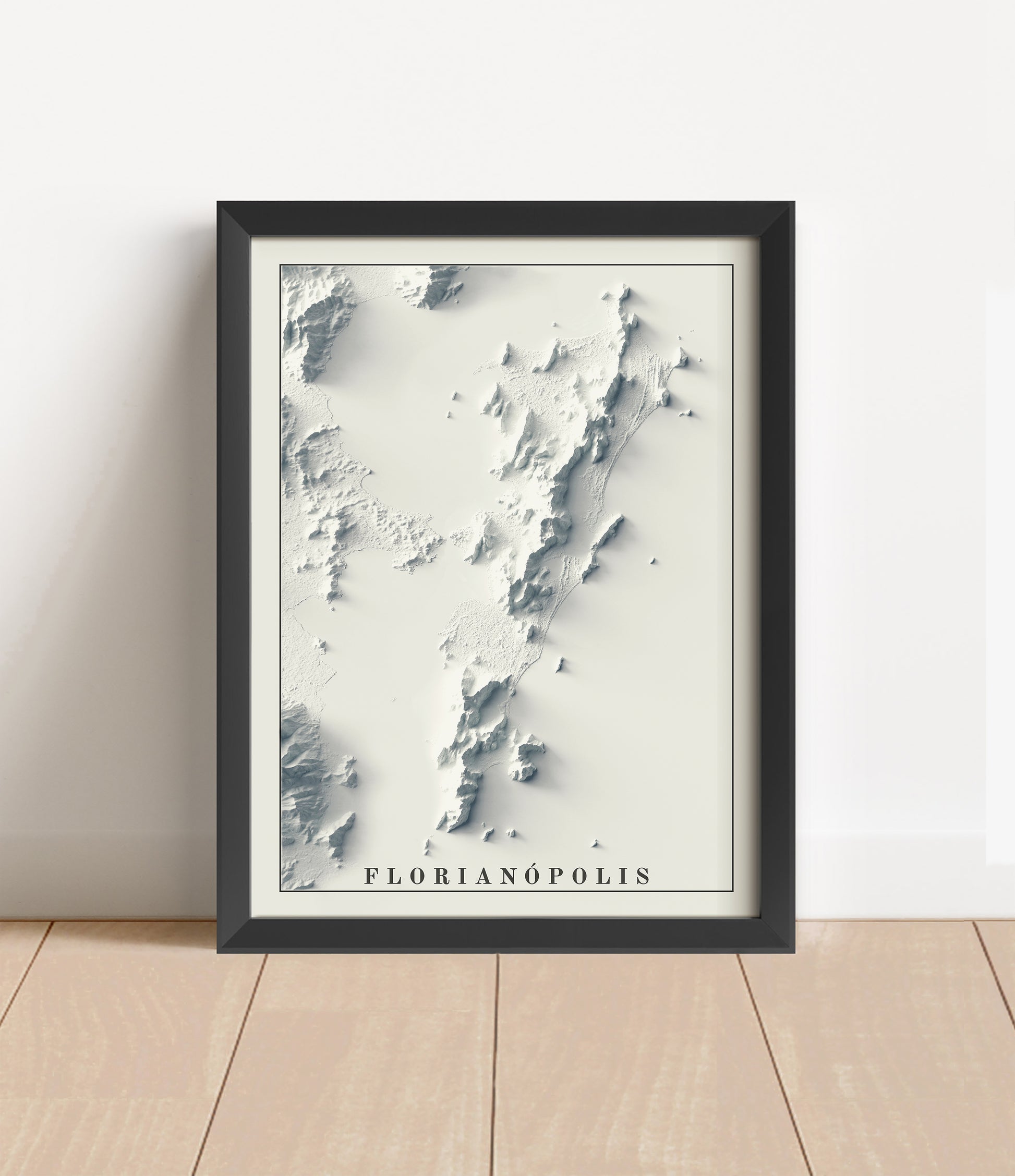 Florianopolis, Brazil, shaded relief map in black frame. Artistic print with realistic terrain effect for wall decor