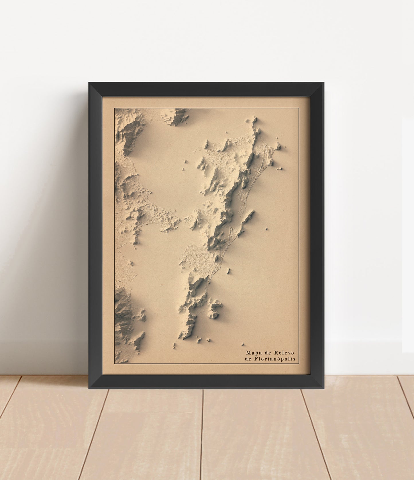 Vintage Florianopolis, Brazil, shaded relief map in black frame. Artistic print with realistic terrain effect for wall decor