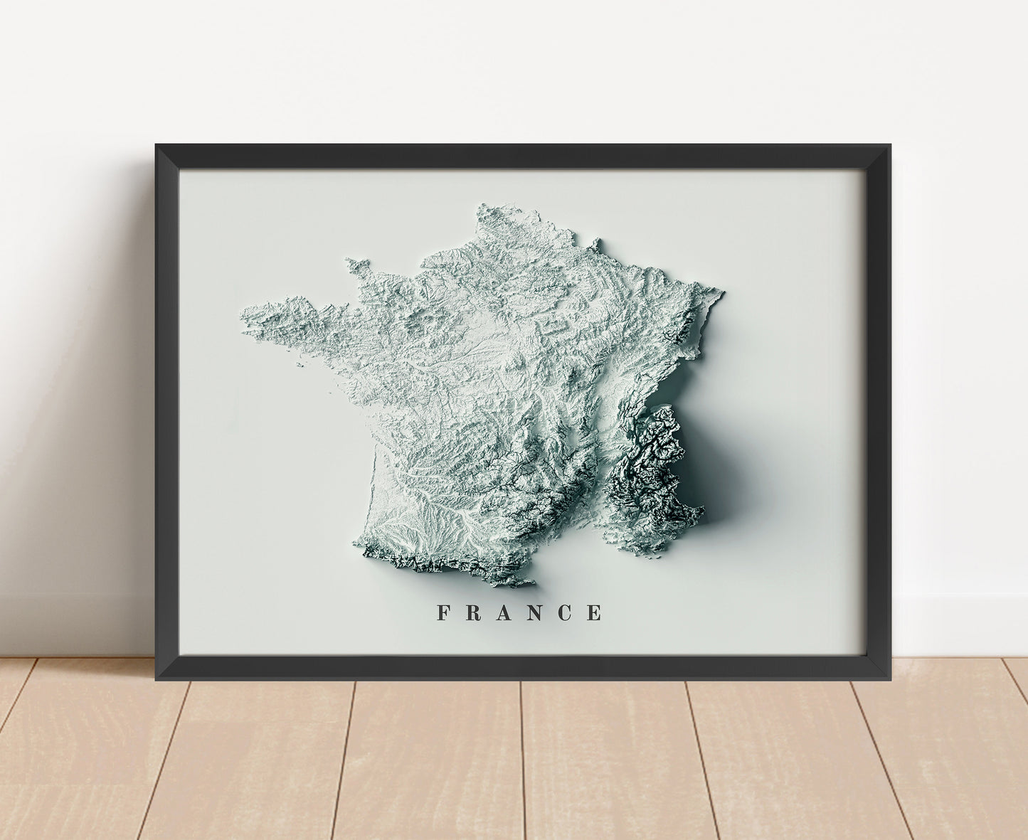France shaded relief map in black frame. Artistic print with realistic terrain effect for wall decor
