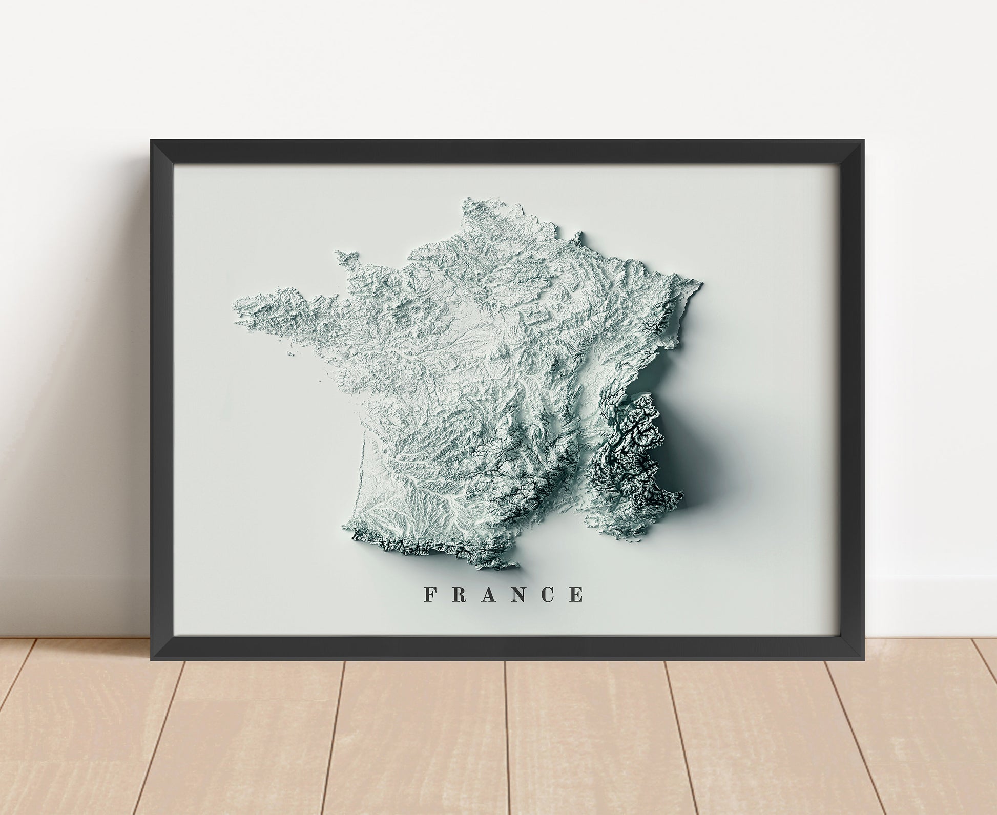 France shaded relief map in black frame. Artistic print with realistic terrain effect for wall decor