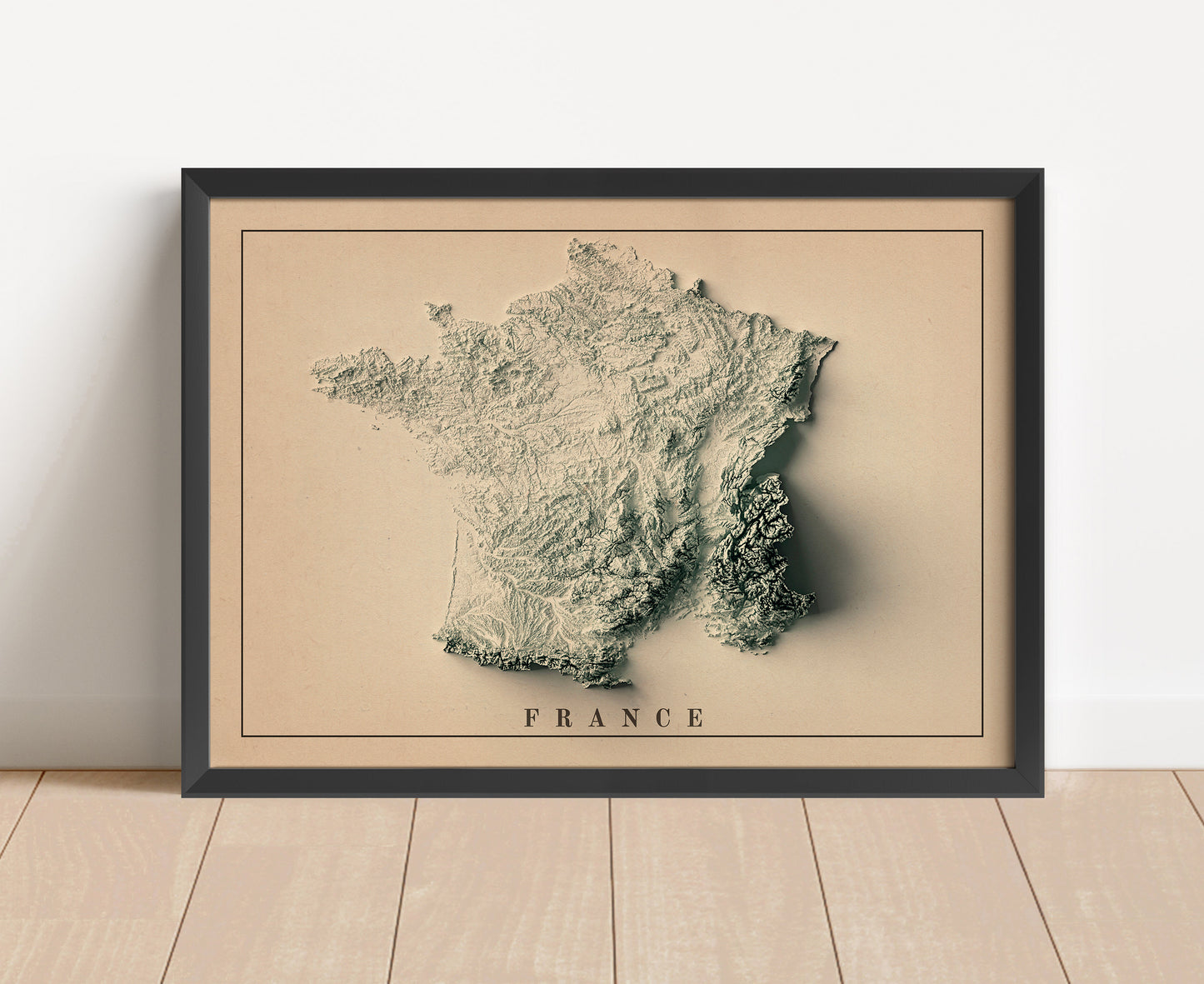Vintage France shaded relief map in black frame. Artistic print with realistic terrain effect for wall decor