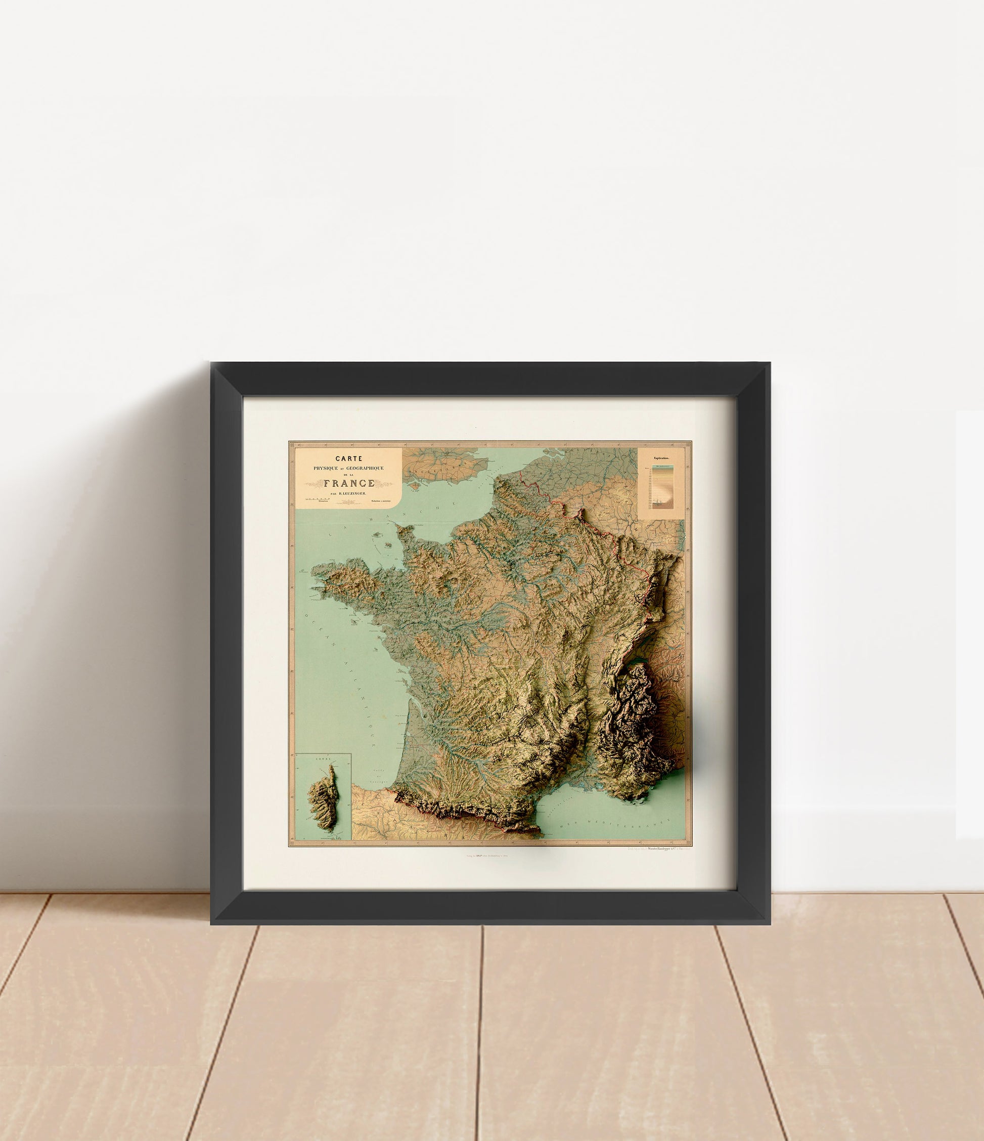 Vintage France shaded relief map in black frame. Artistic print with realistic terrain effect for wall decor