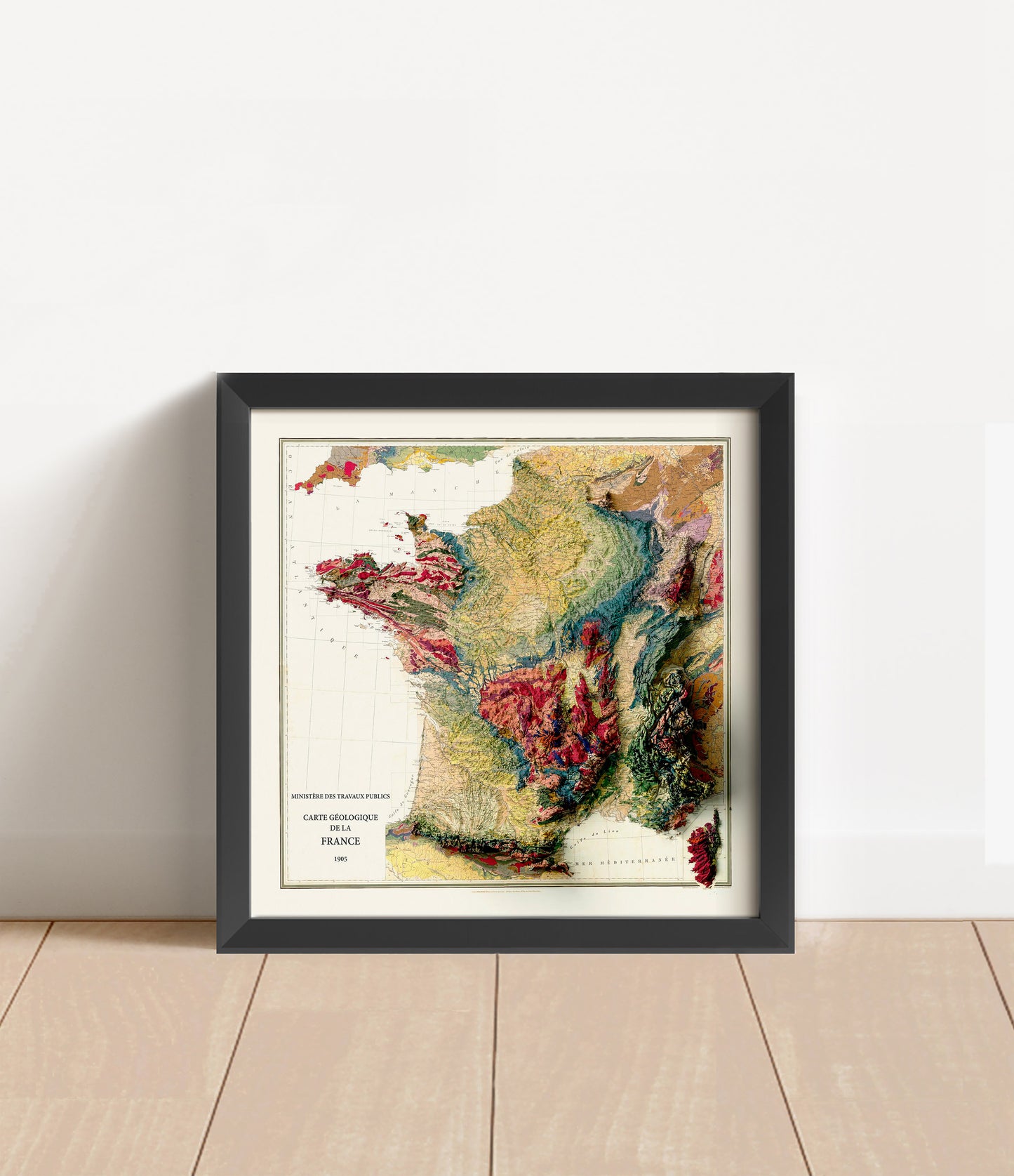 Vintage France shaded relief map in black frame. Artistic print with realistic terrain effect for wall decor