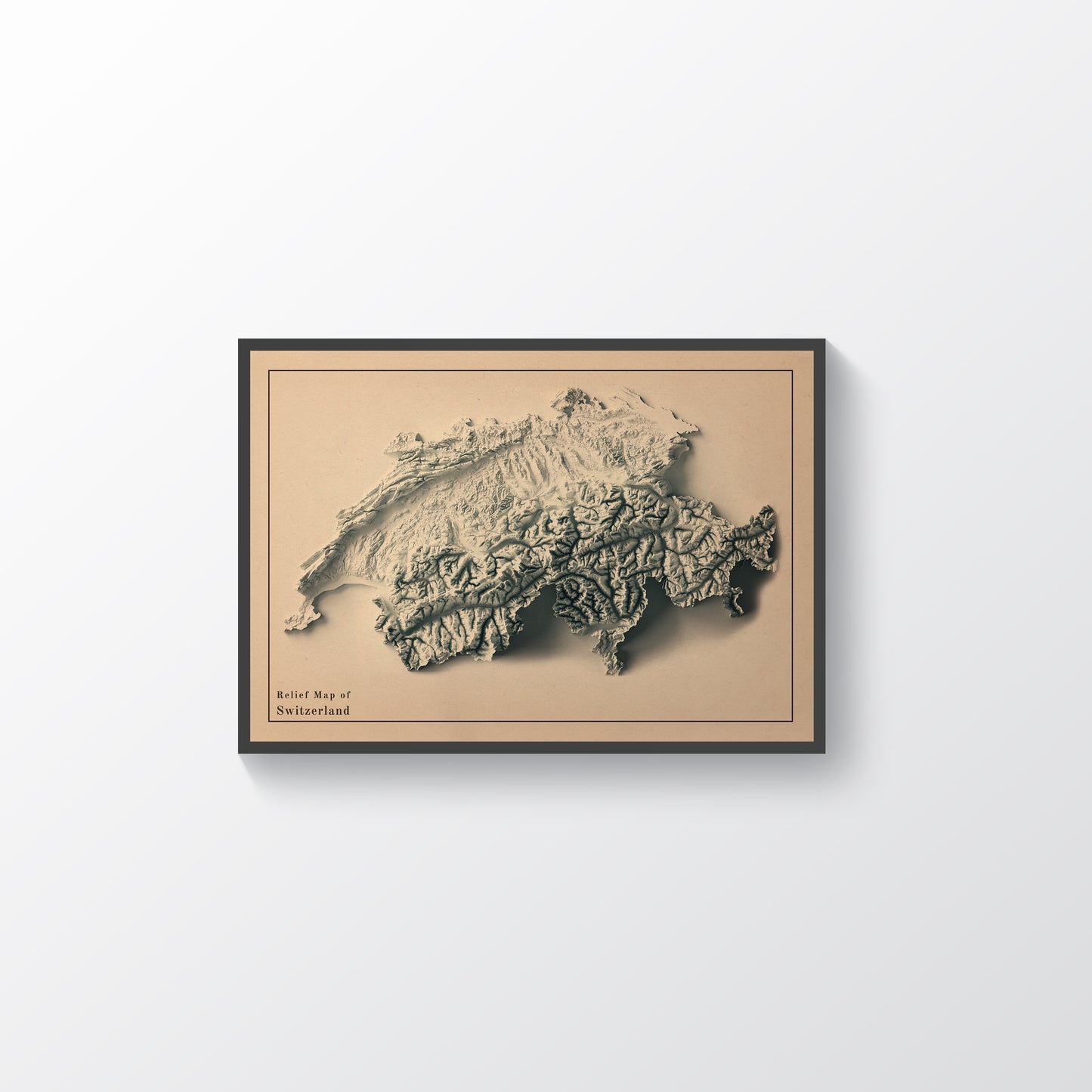 Switzerland vintage framed shaded relief map in black frame. Artistic print highlighting mountains with a realistic terrain effect