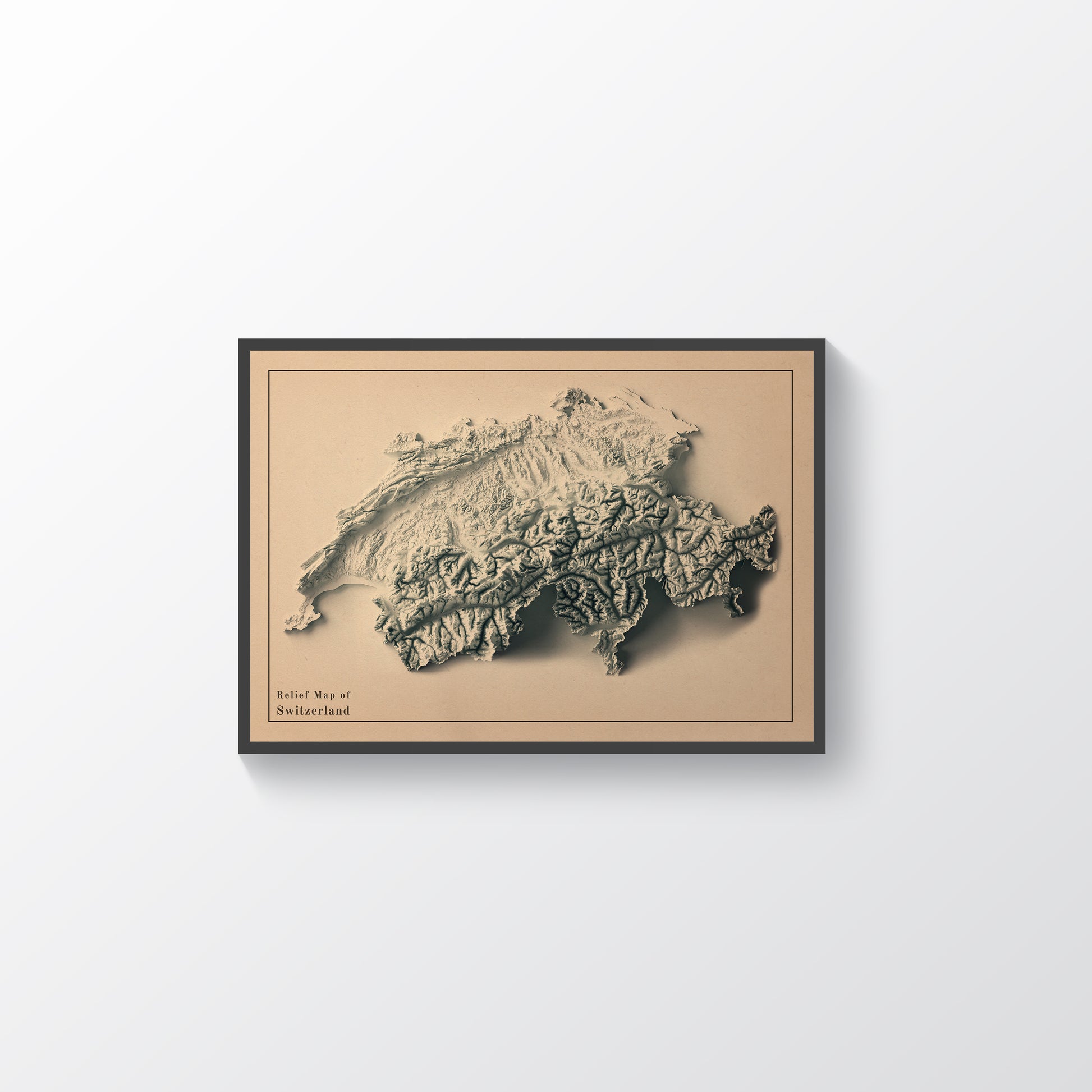 Switzerland vintage framed shaded relief map in black frame. Artistic print highlighting mountains with a realistic terrain effect