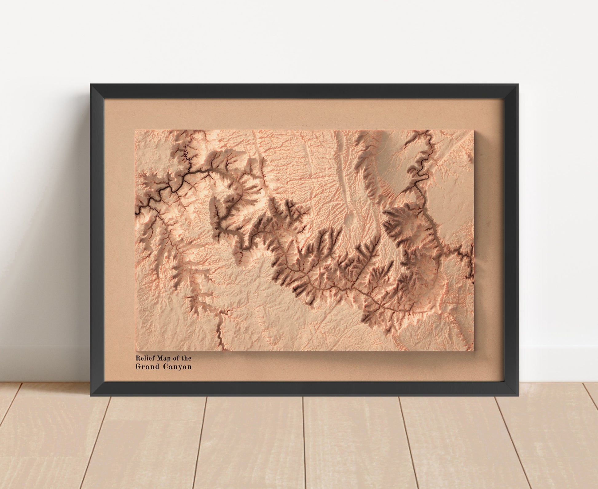 Vintage Grand Canyon shaded relief map in black frame. Artistic print with realistic terrain effect for wall decor