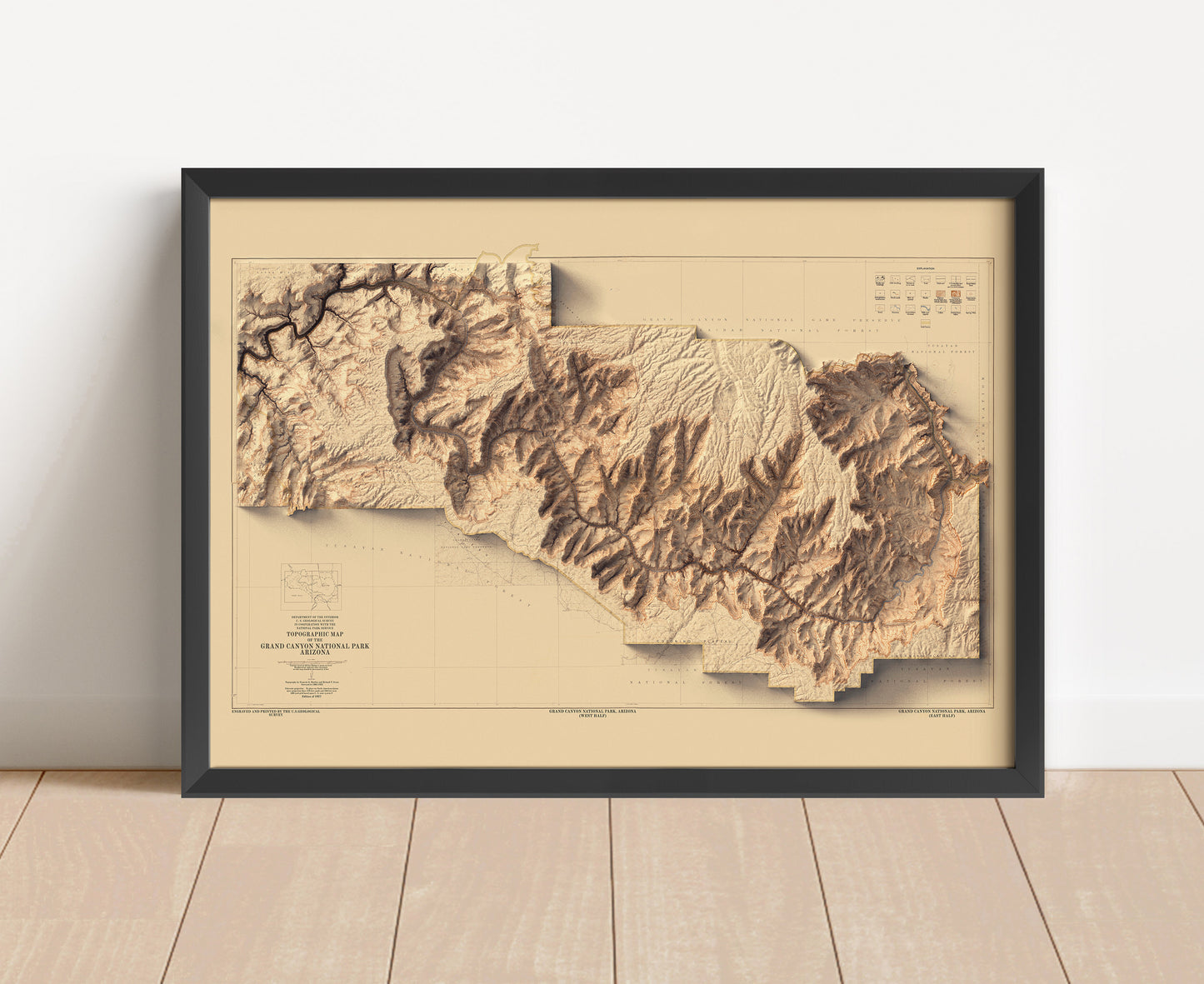 Vintage Grand Canyon shaded relief map in black frame. Artistic print with realistic terrain effect for wall decor