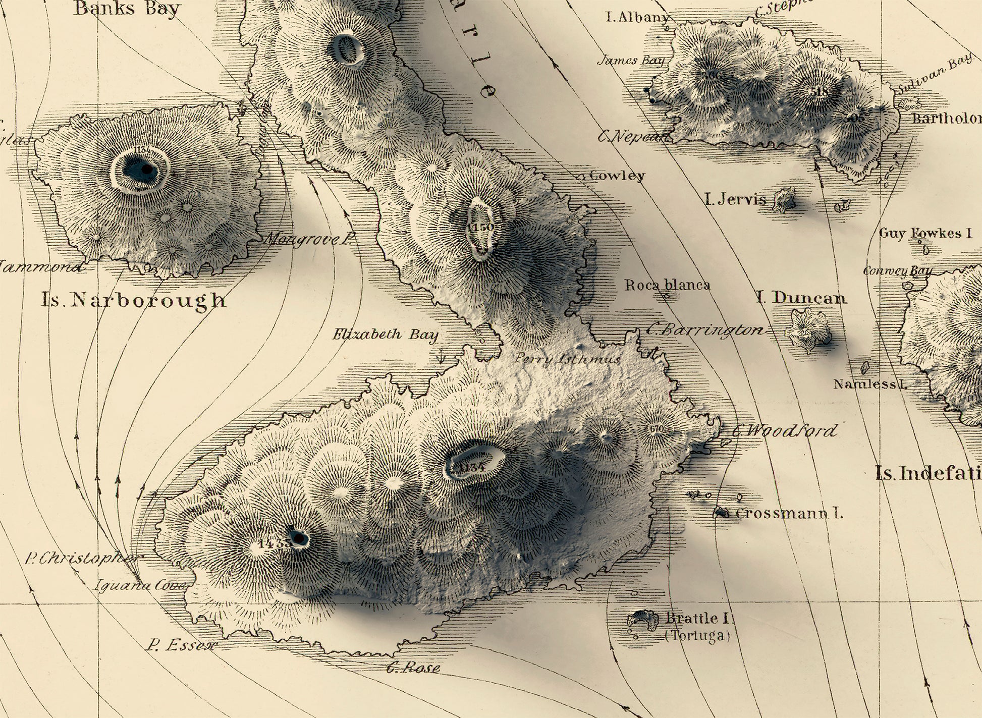 vintage shaded relief map of Galapagos, Ecuador