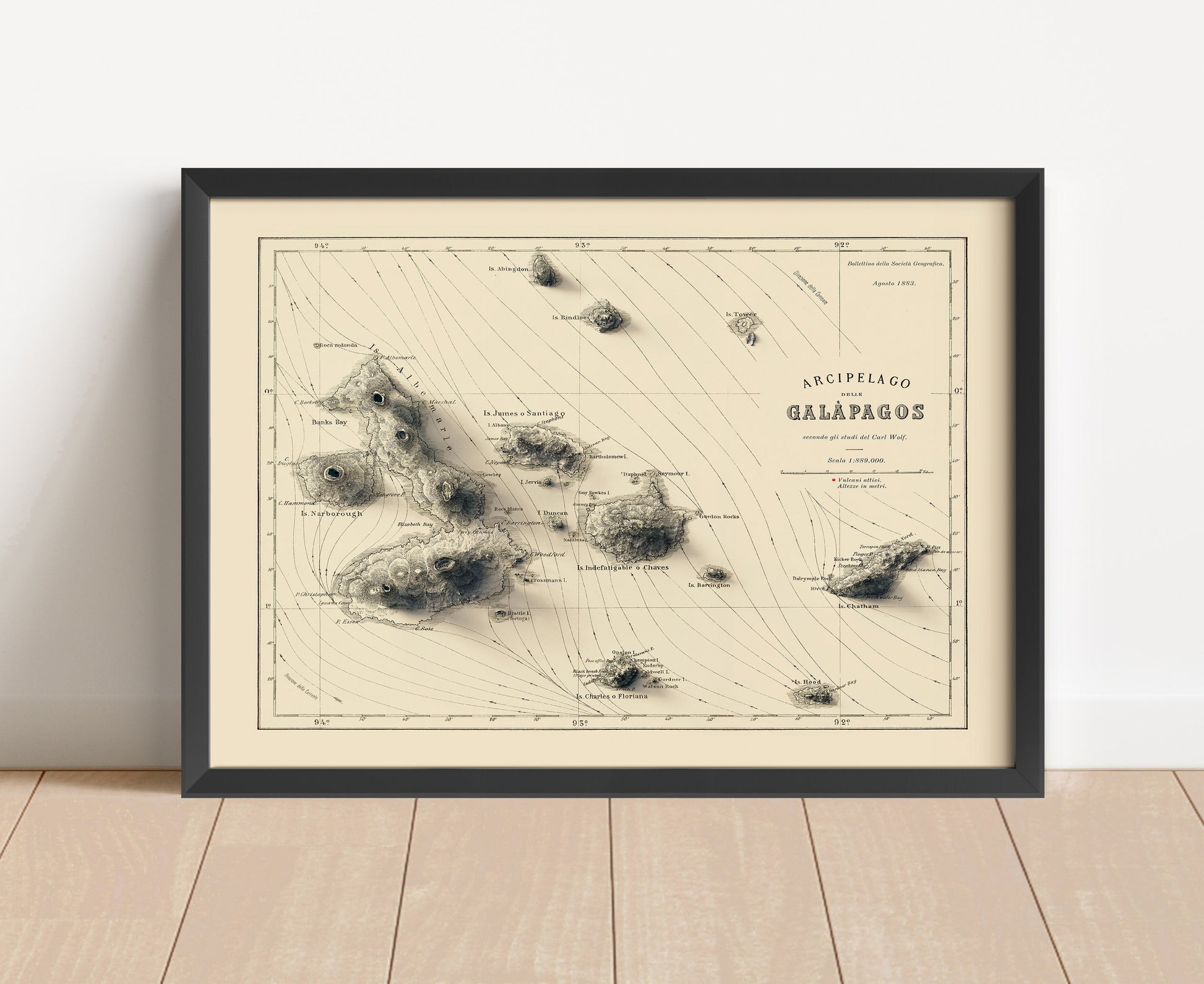 Vintage Galapagos, Ecuador, shaded relief map in black frame. Artistic print with realistic terrain effect for wall decor
