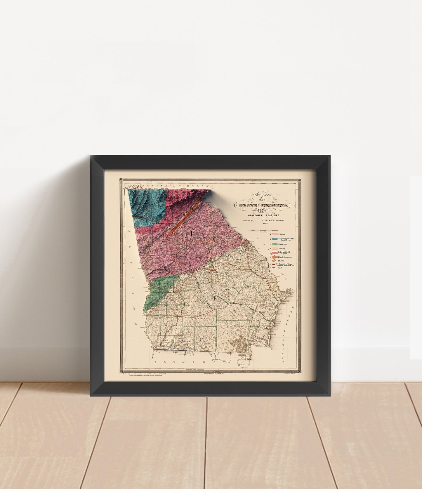 Vintage Georgia shaded relief map in black frame. Artistic print with realistic terrain effect for wall decor