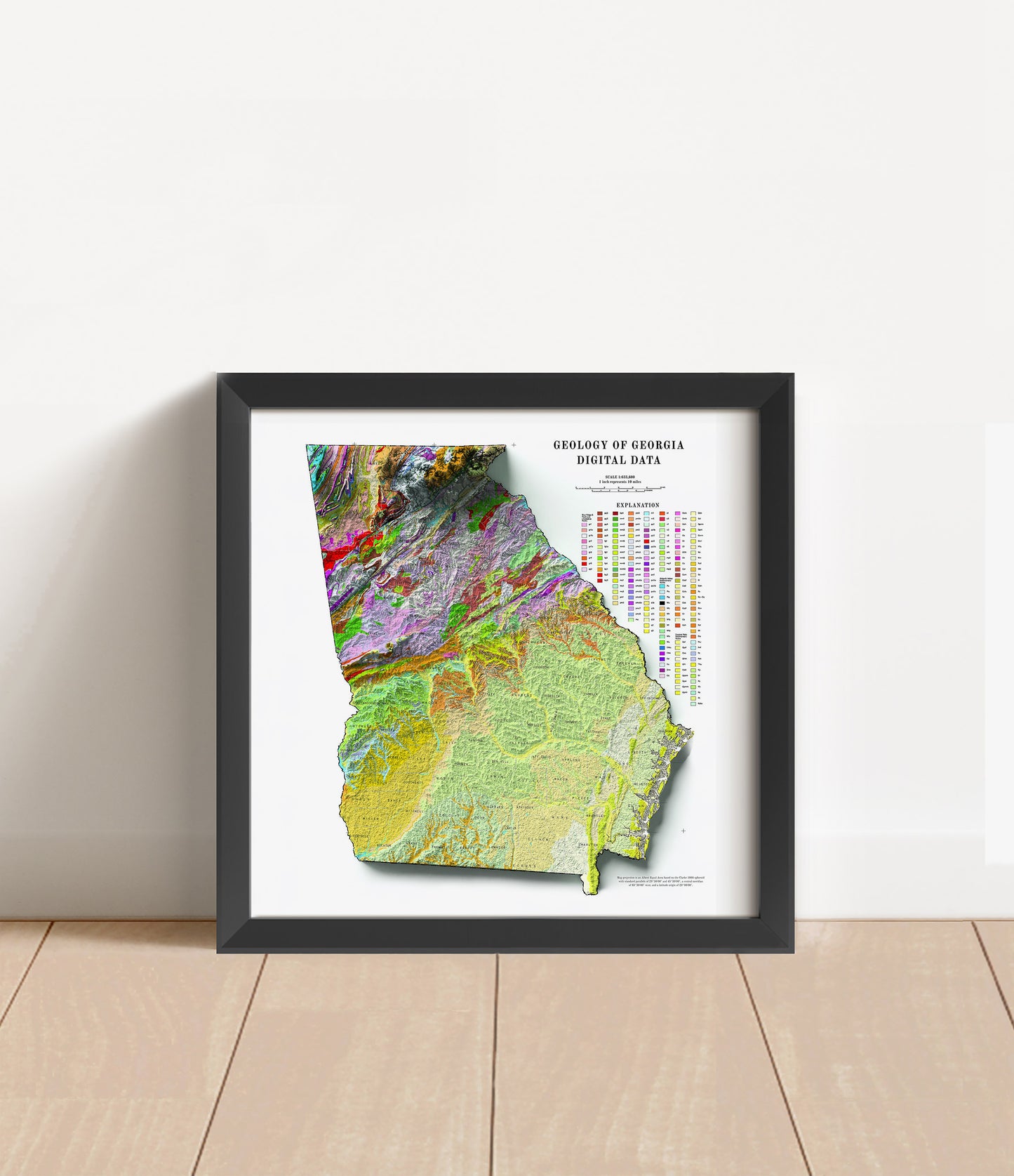 Vintage Georgia shaded relief map in black frame. Artistic print with realistic terrain effect for wall decor