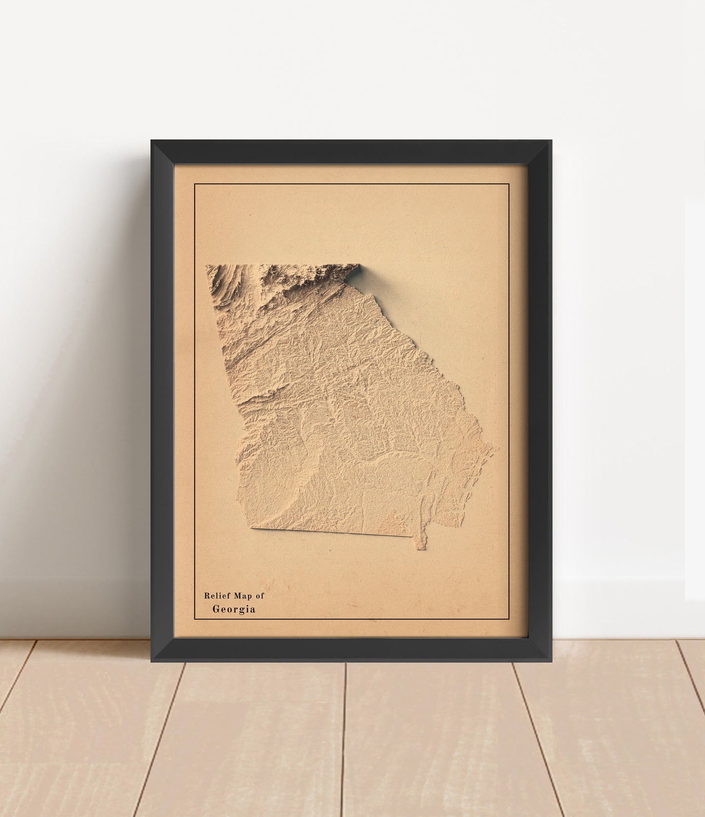 Vintage Georgia shaded relief map in black frame. Artistic print with realistic terrain effect for wall decor