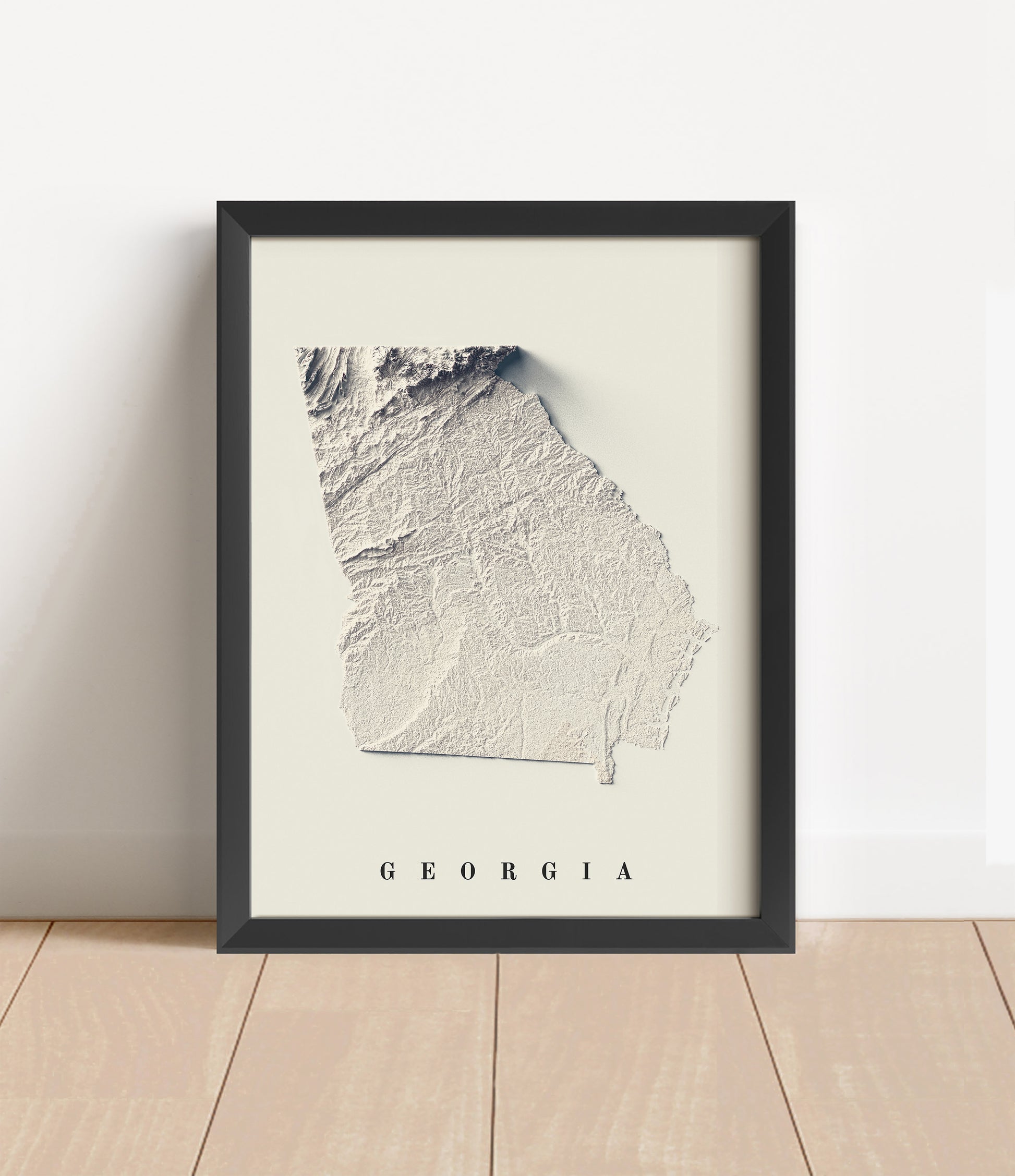 Georgia shaded relief map in black frame. Artistic print with realistic terrain effect for wall decor