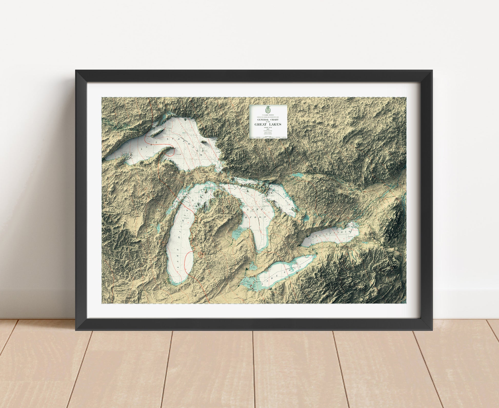 Vintage Great Lakes shaded relief map in black frame. Artistic print with realistic terrain effect for wall decor
