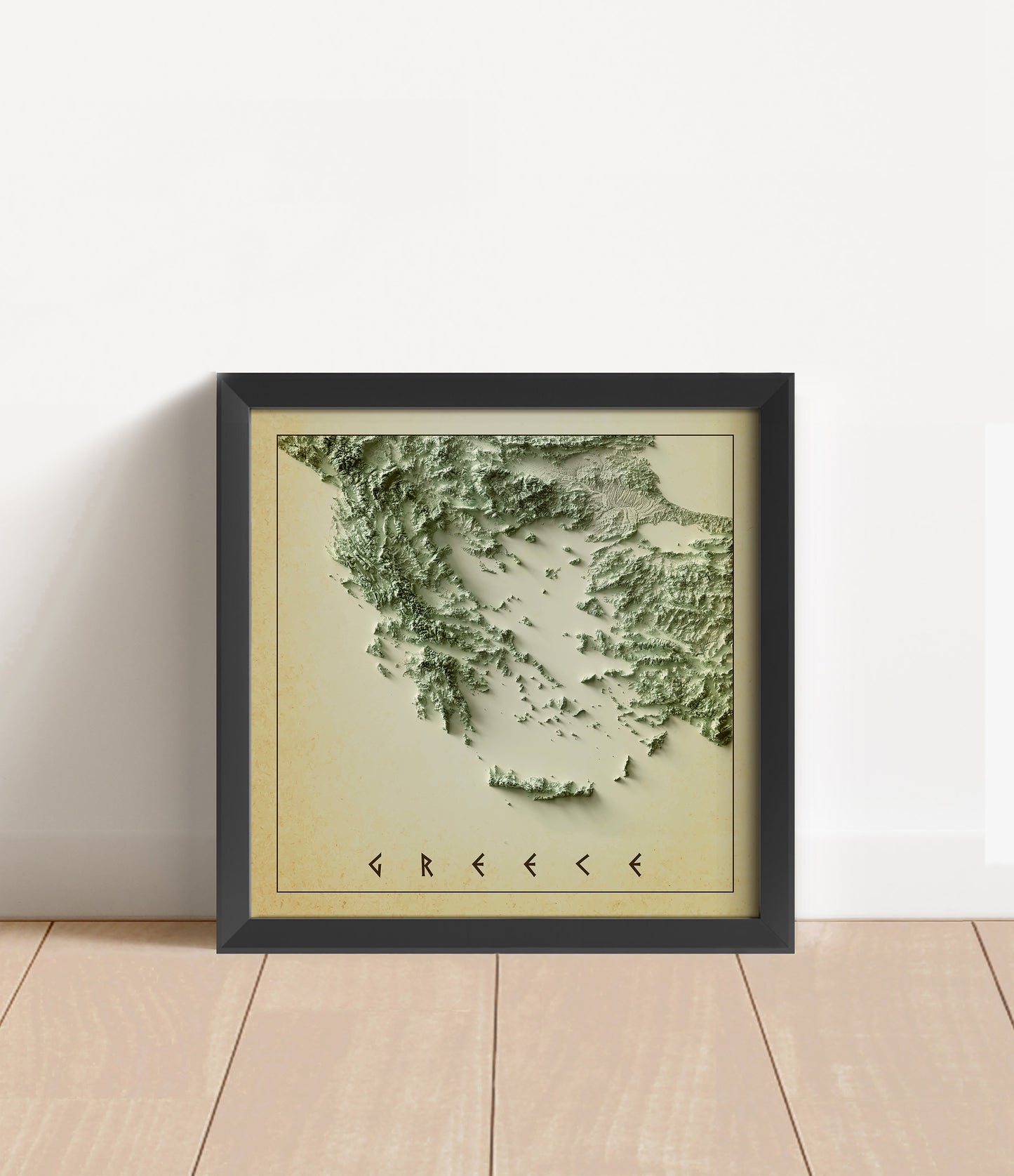 Vintage Greece shaded relief map in black frame. Artistic print with realistic terrain effect for wall decor