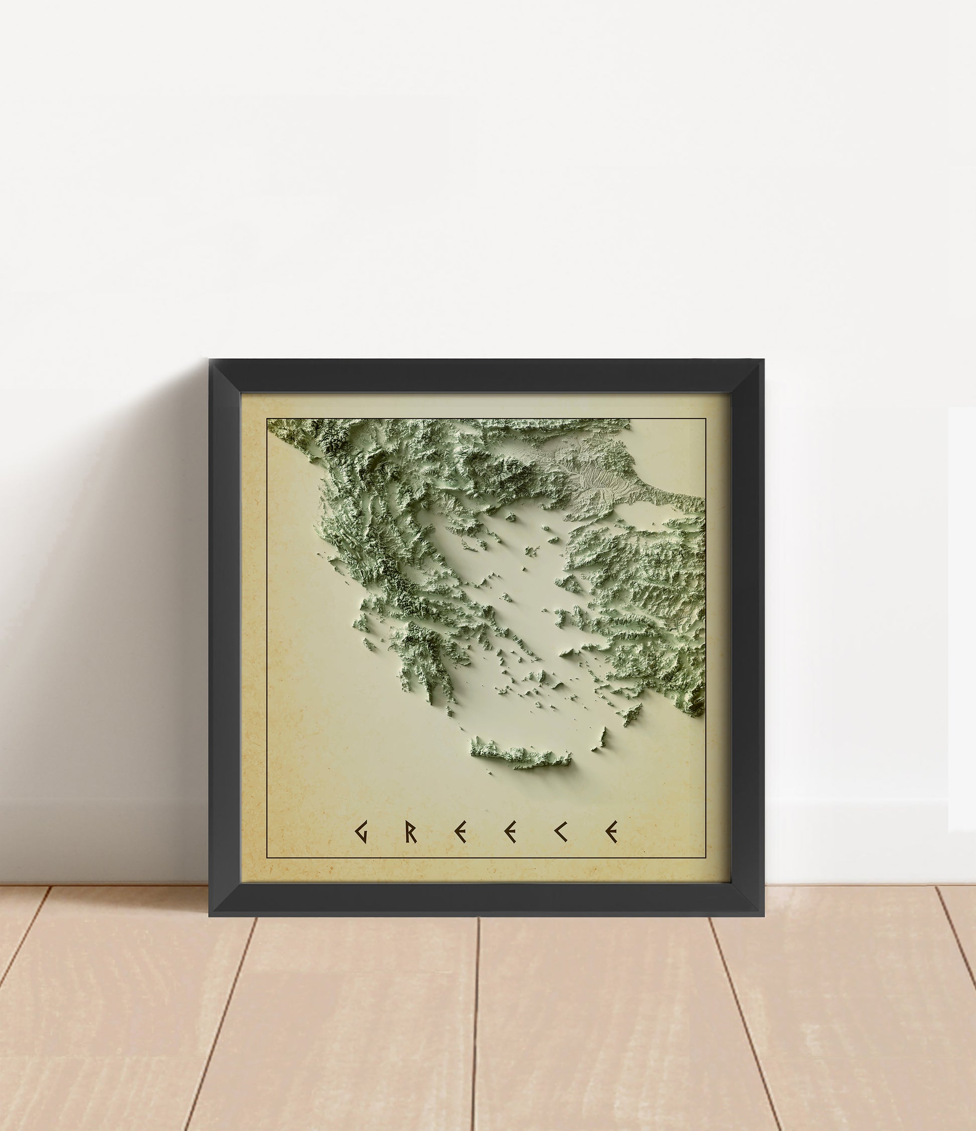 Vintage Greece shaded relief map in black frame. Artistic print with realistic terrain effect for wall decor