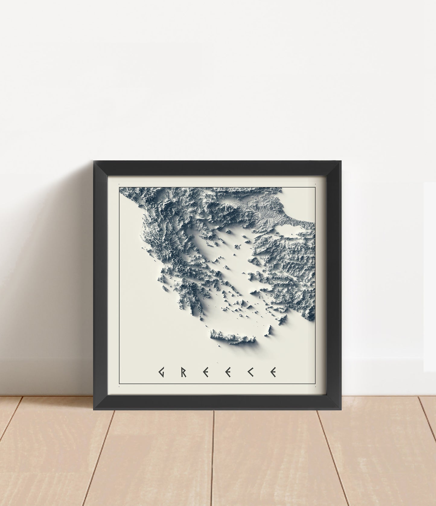 Greece shaded relief map in black frame. Artistic print with realistic terrain effect for wall decor